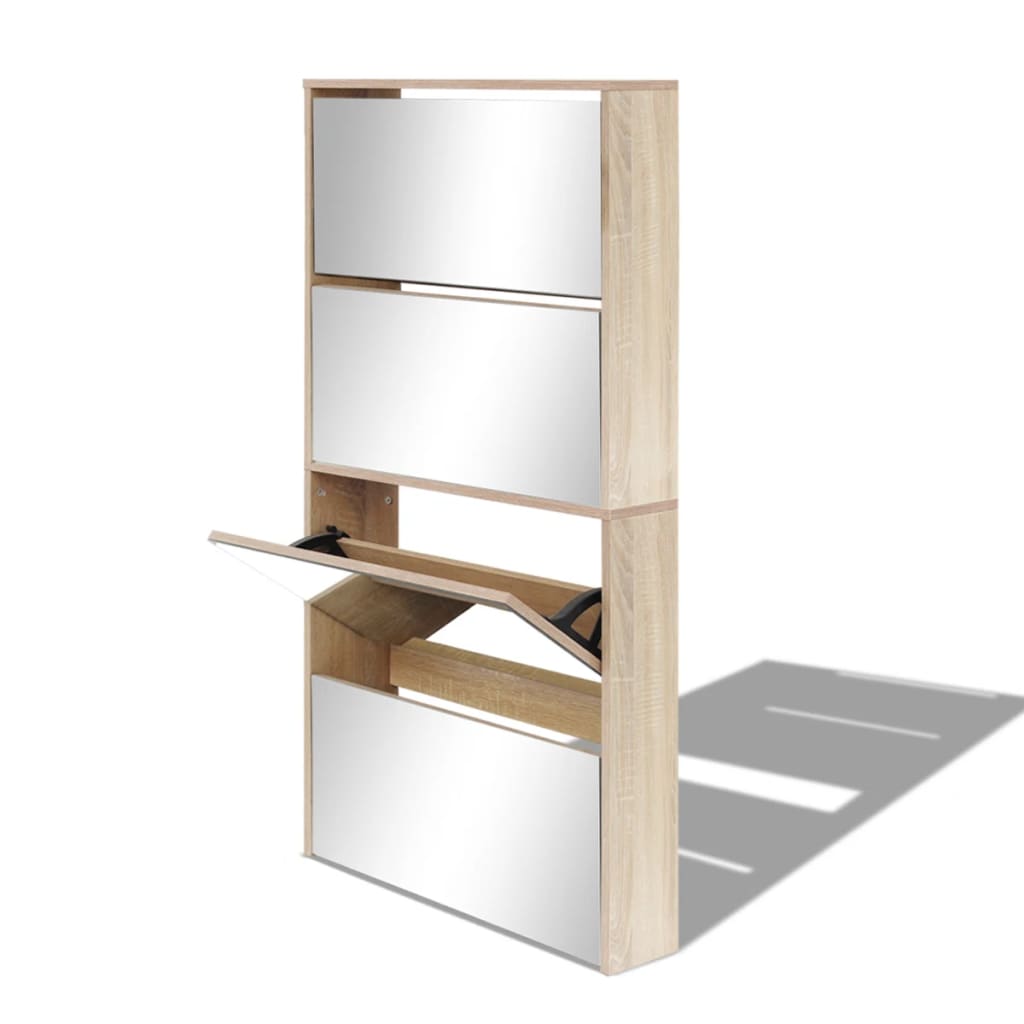 Shoe Cabinet 4 - Layer Mirror Oak 63x17x134 cm - Bargainia.com - 