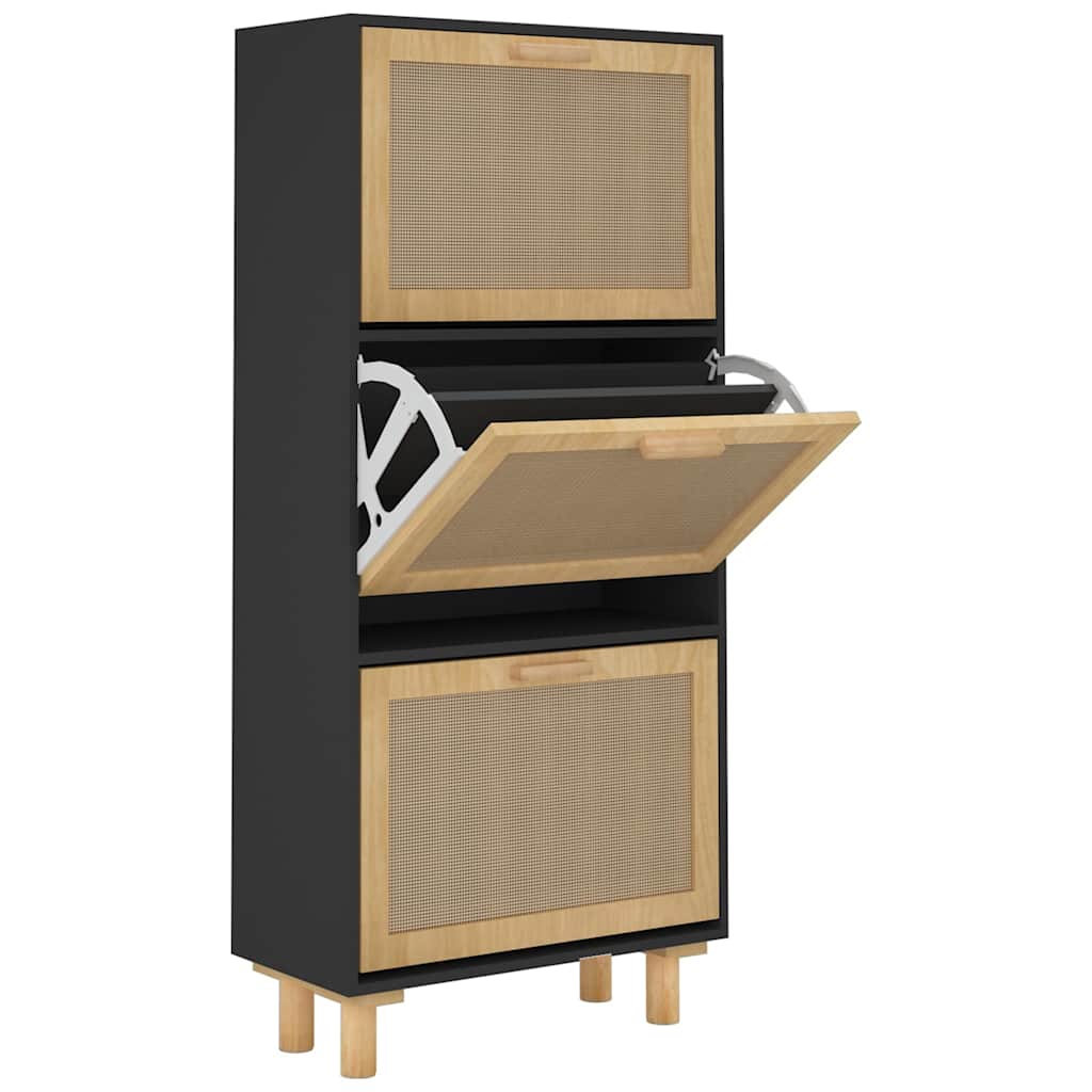 Shoe Cabinet Black 52x25x115 cm Engineered Wood&Natural Rattan - Bargainia.com - 