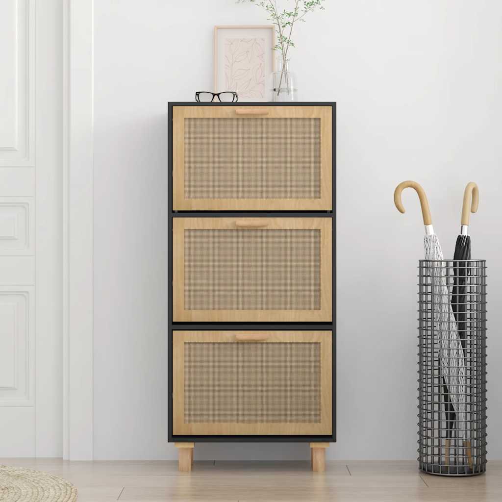 Shoe Cabinet Black 52x25x115 cm Engineered Wood&Natural Rattan - Bargainia.com - 