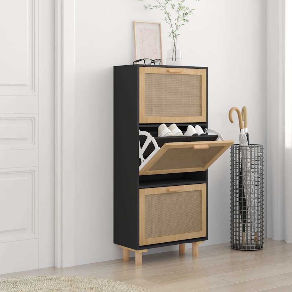 Shoe Cabinet Black 52x25x115 cm Engineered Wood&Natural Rattan - Bargainia.com - 