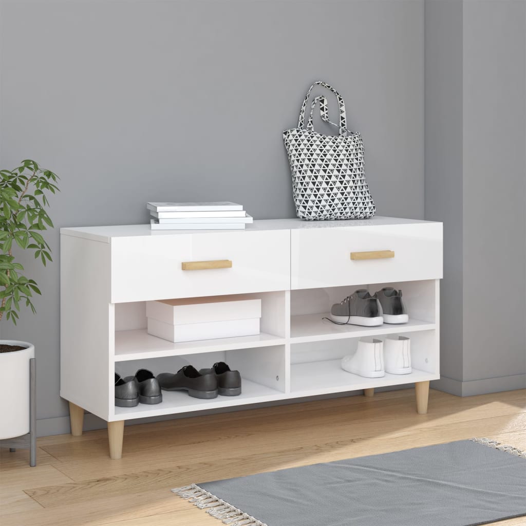 Shoe Cabinet High Gloss White 102x35x55 cm Engineered Wood - Bargainia.com - 