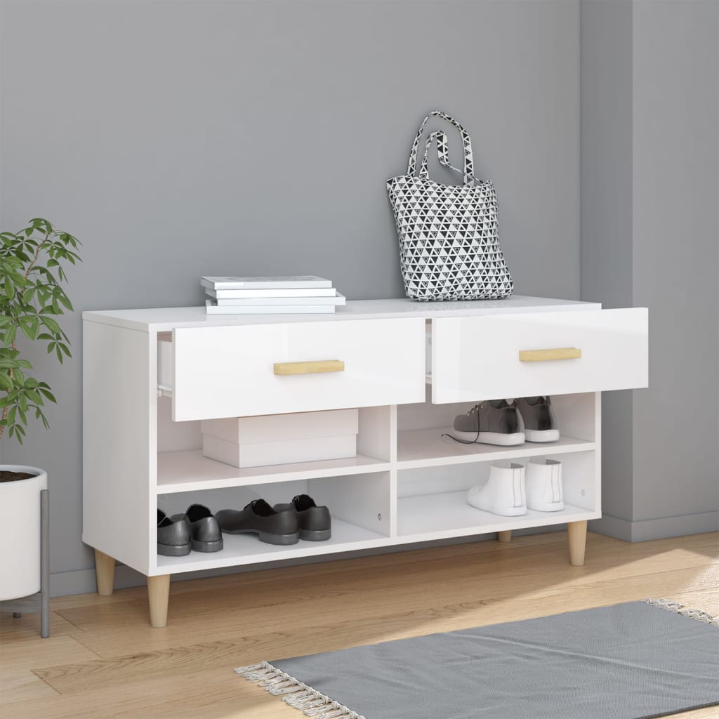 Shoe Cabinet High Gloss White 102x35x55 cm Engineered Wood - Bargainia.com - 