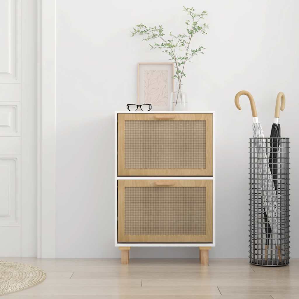 Shoe Cabinet White 52x25x80 cm Engineered Wood&Natural Rattan - Bargainia.com - 