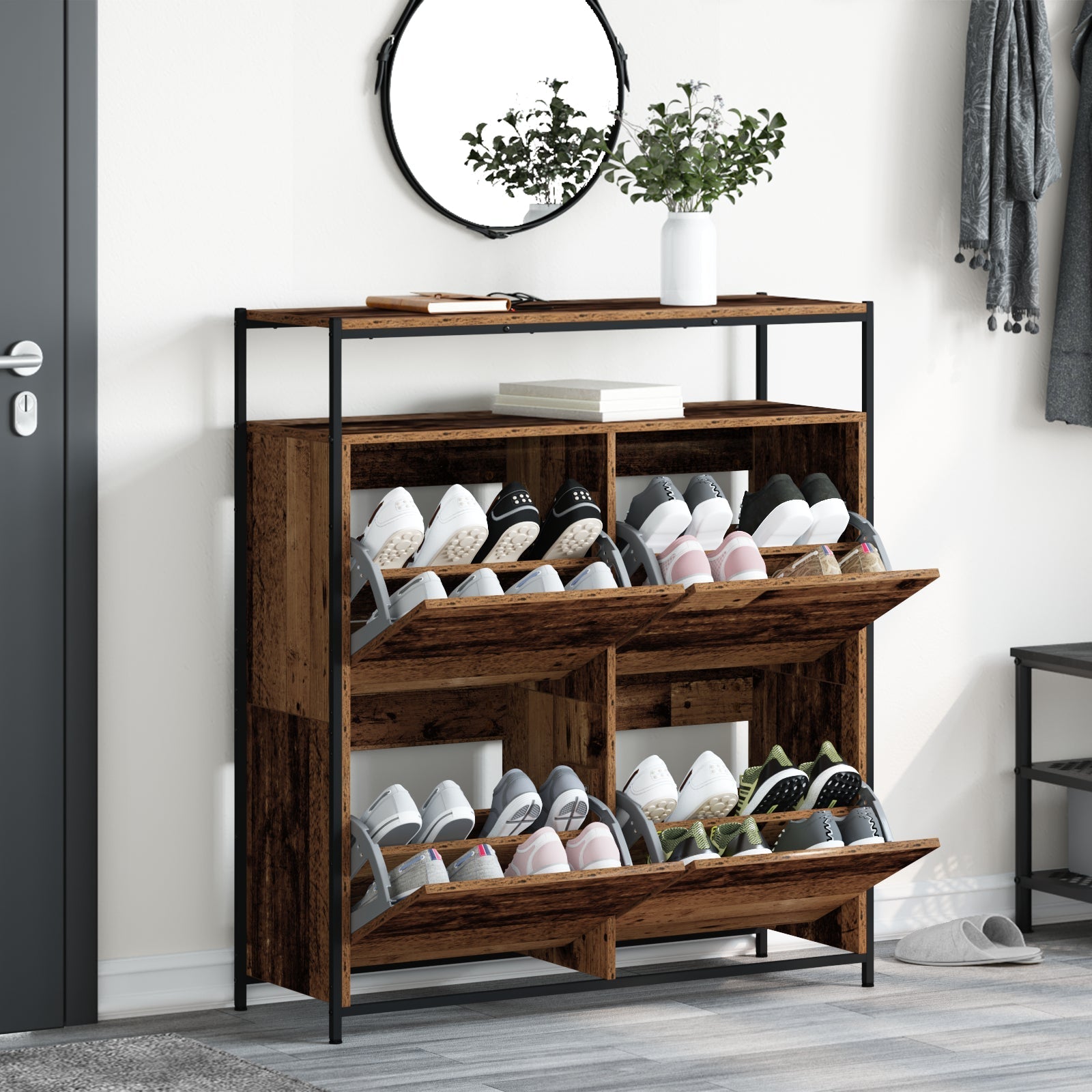 Shoe Cabinet with 4 Flip - Drawers Old Wood 100x34x112 cm - Bargainia.com - 