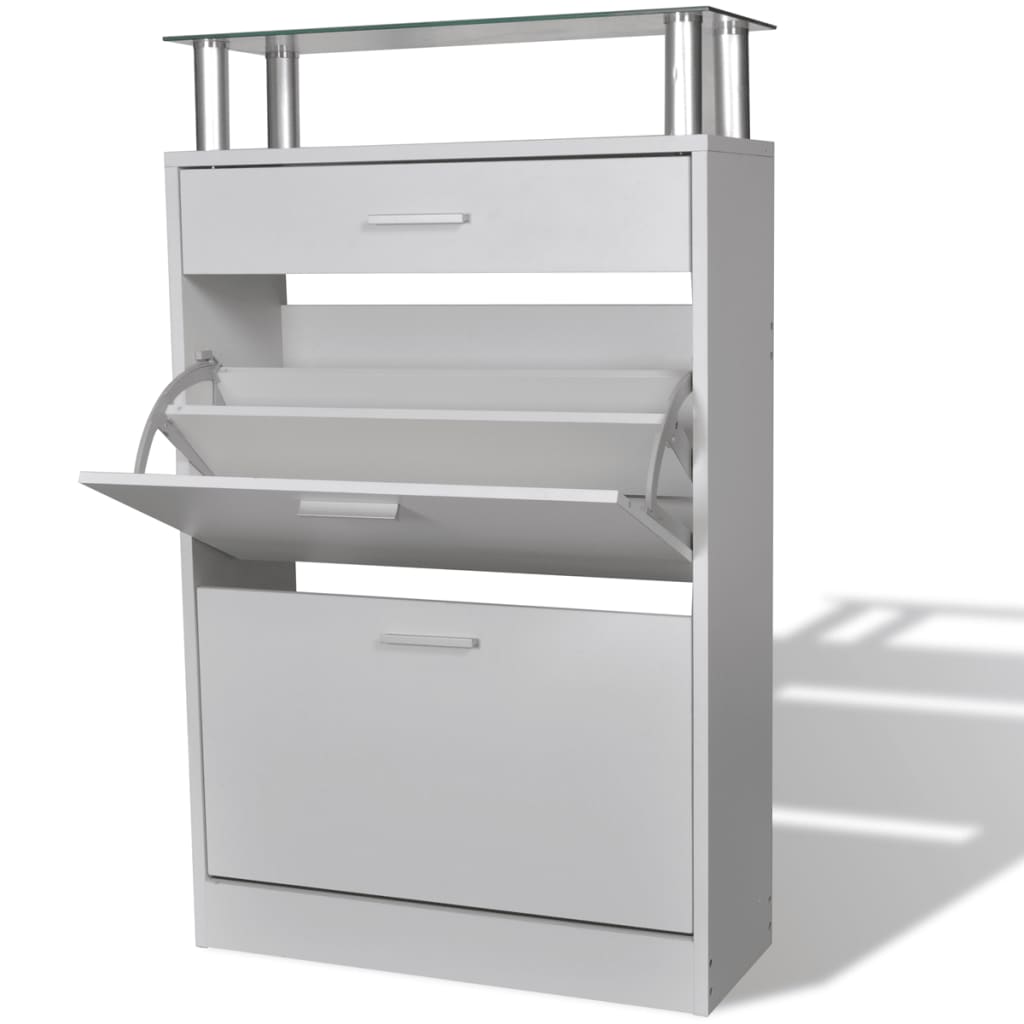 Shoe Cabinet with a Drawer and a Top Glass Shelf Wood White - Bargainia.com - 