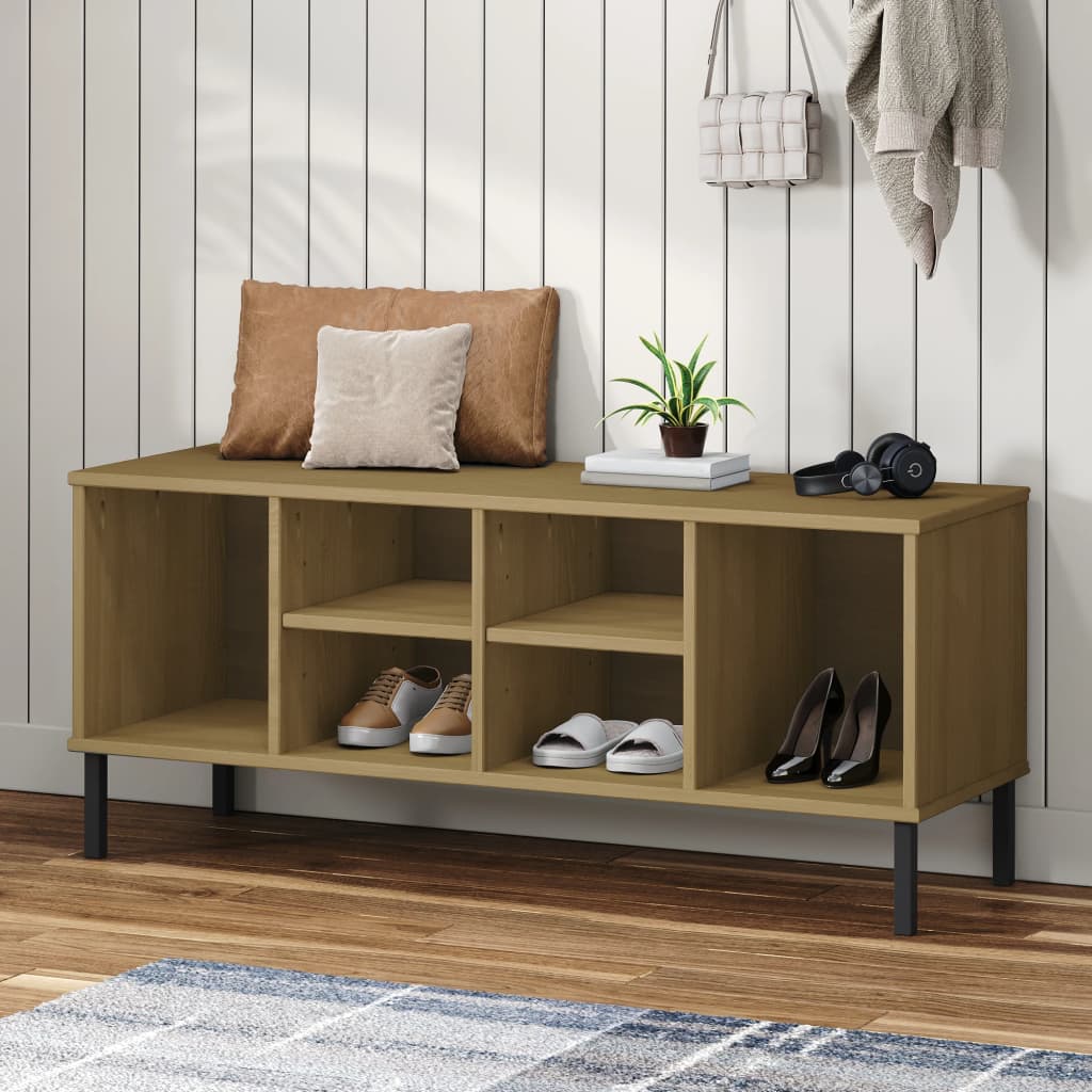 Shoe Rack with Metal Legs Brown 106x35x45 cm Solid Wood OSLO - Bargainia.com - 