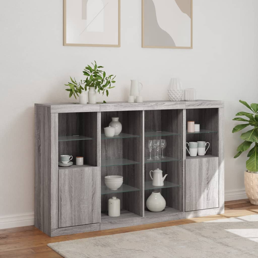Sideboards with LED Lights 3 pcs Grey Sonoma Engineered Wood - Bargainia.com - 