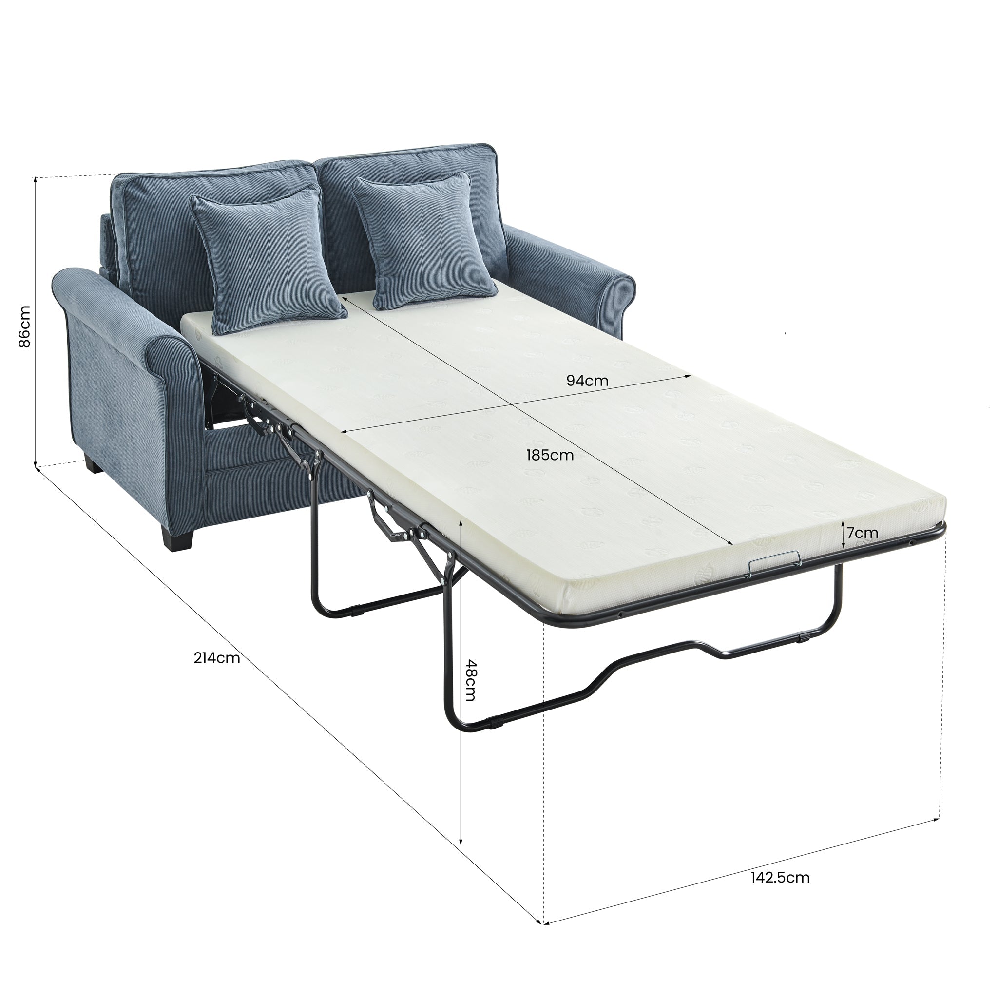 Sofa Bed Corduroy 2 Seater Fold Out Mattress - Ramy Blue Bargainia