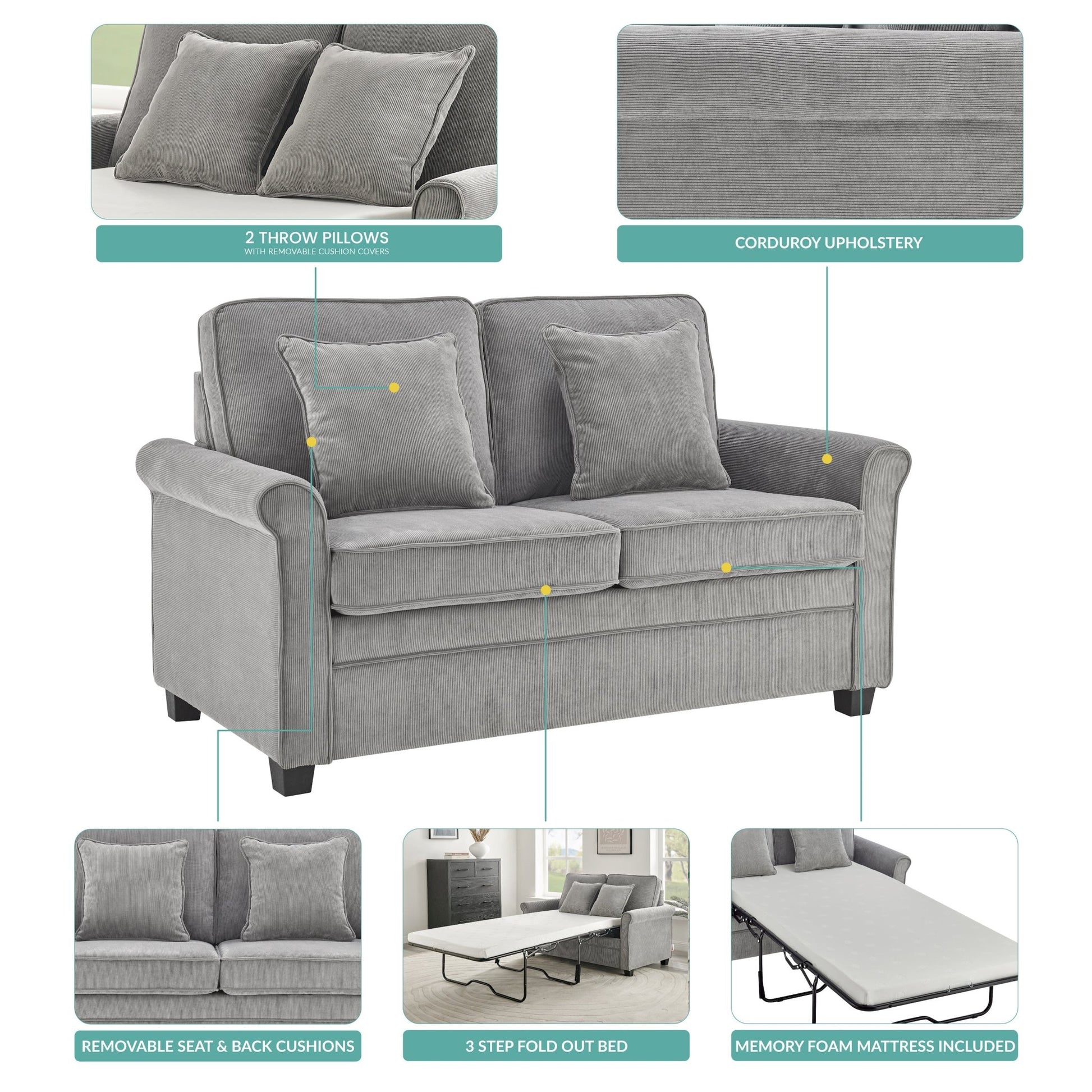 Sofa Bed Corduroy 2 Seater Fold Out Mattress - Ramy Grey Bargainia