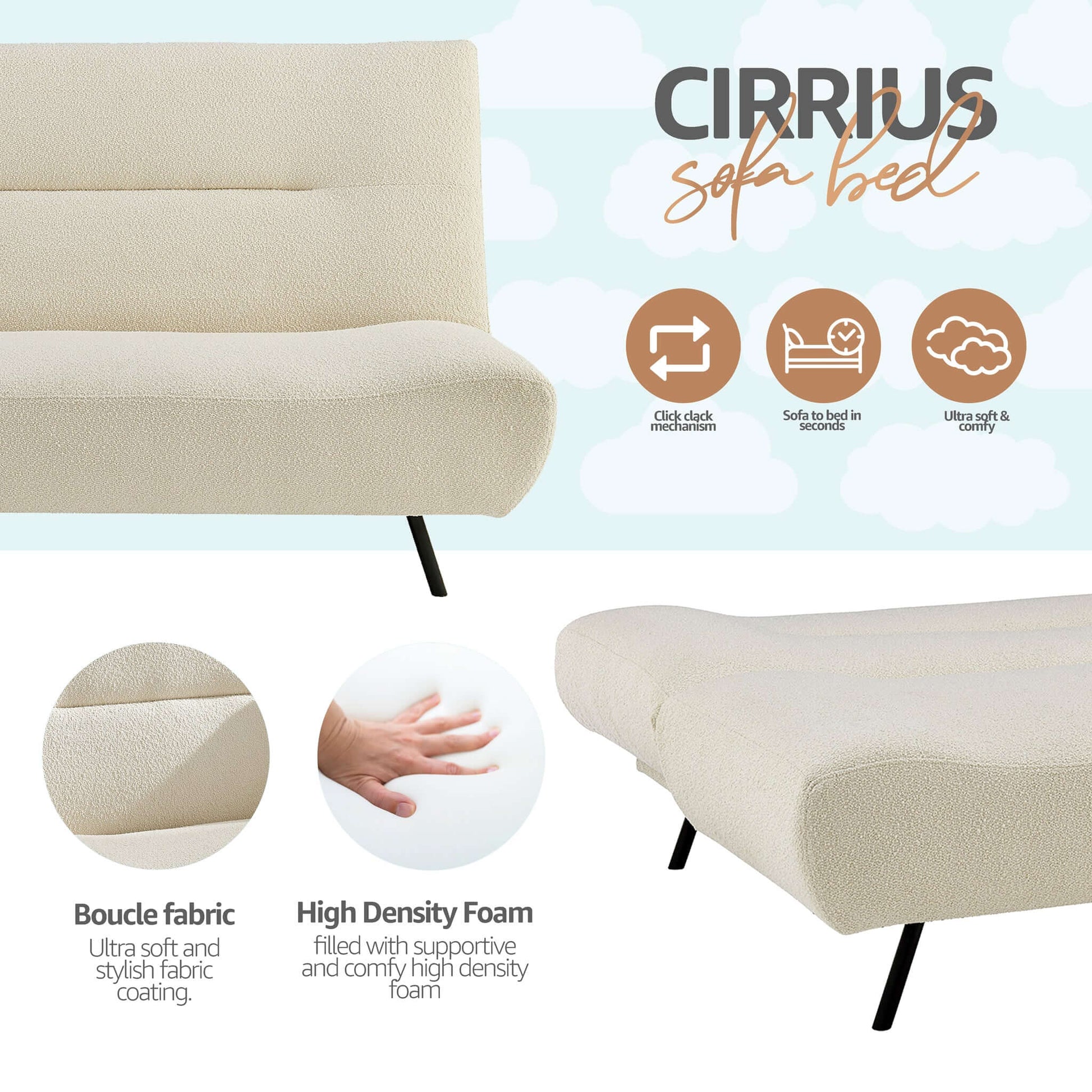 Sofa Bed Fluffy Cream Boucle 2 Seater - Cirrus Bargainia