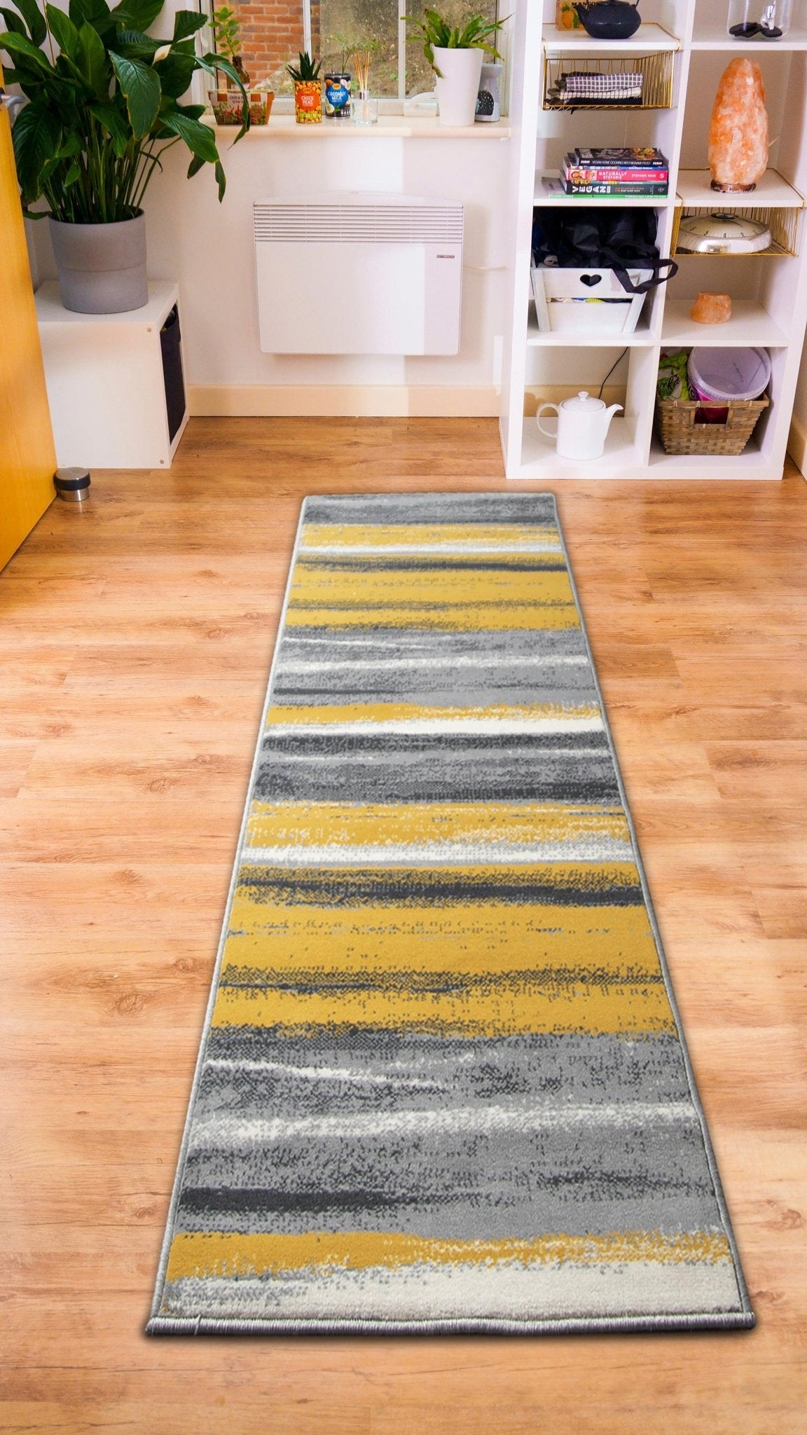 Stair Runner Hard Wearing Kitchen Mat - Texas Abstract Lines Yellow, Grey & White - Bargainia.com - 