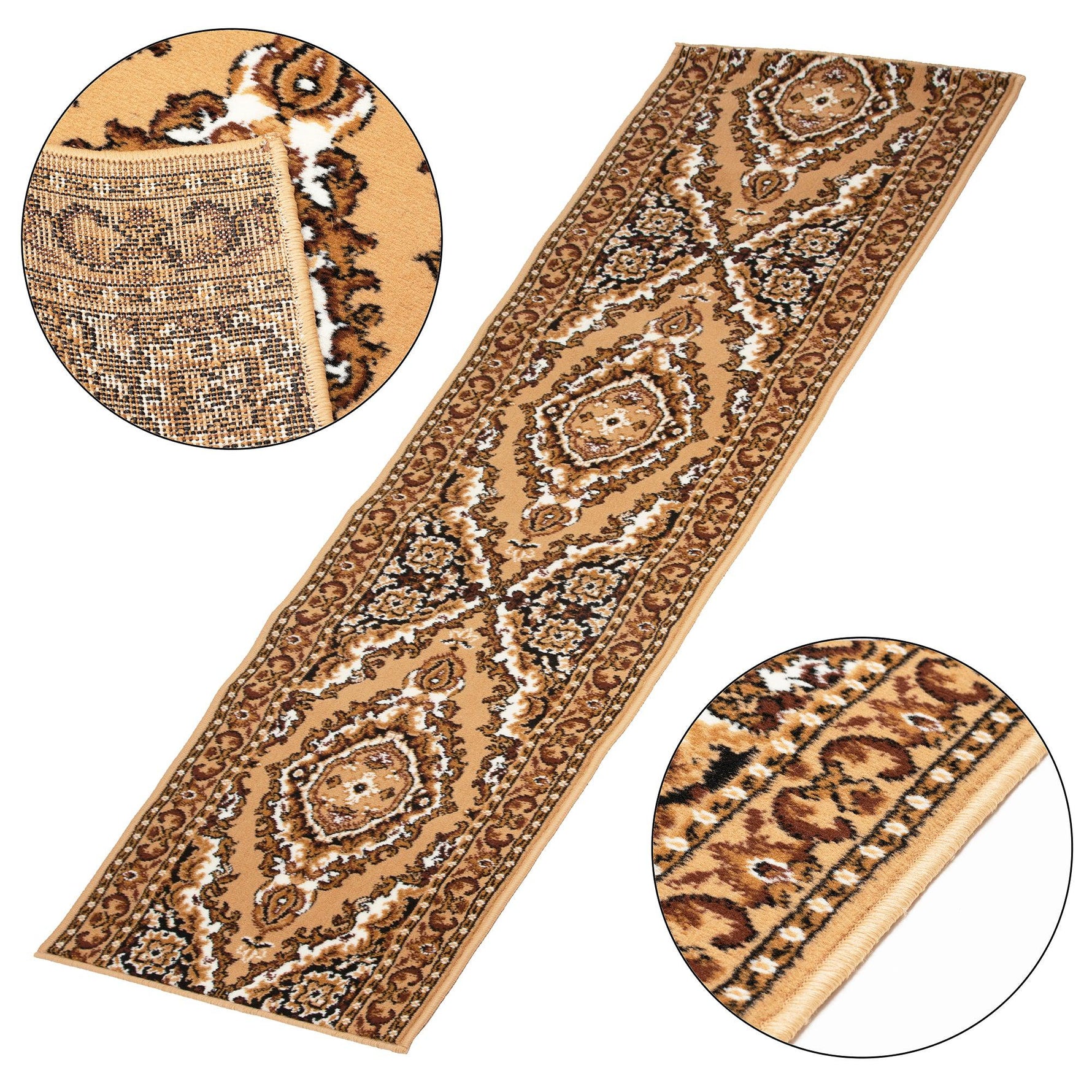 Stair Runner Hard Wearing Kitchen Mat - Texas Beige Traditional Medallion - Bargainia.com - 