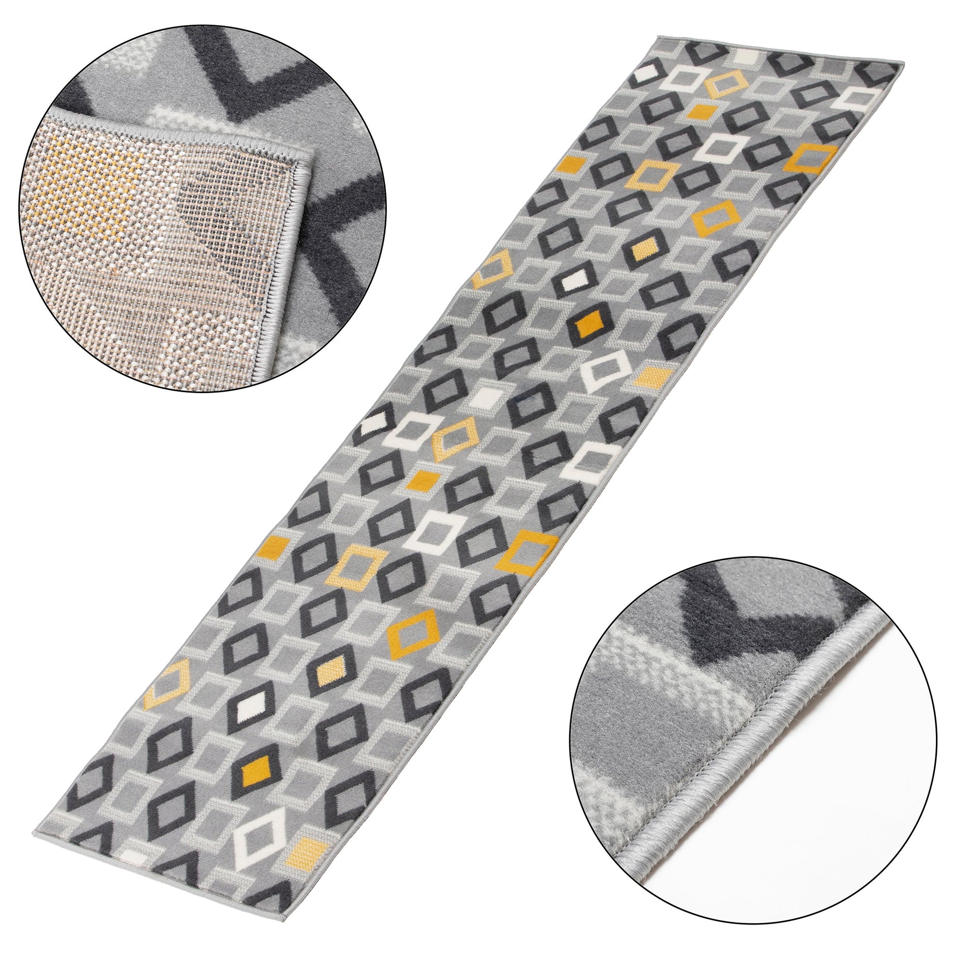 Stair Runner Hard Wearing Kitchen Mat - Texas Geometric Gold, Grey & White Stair Runner Rug Masters