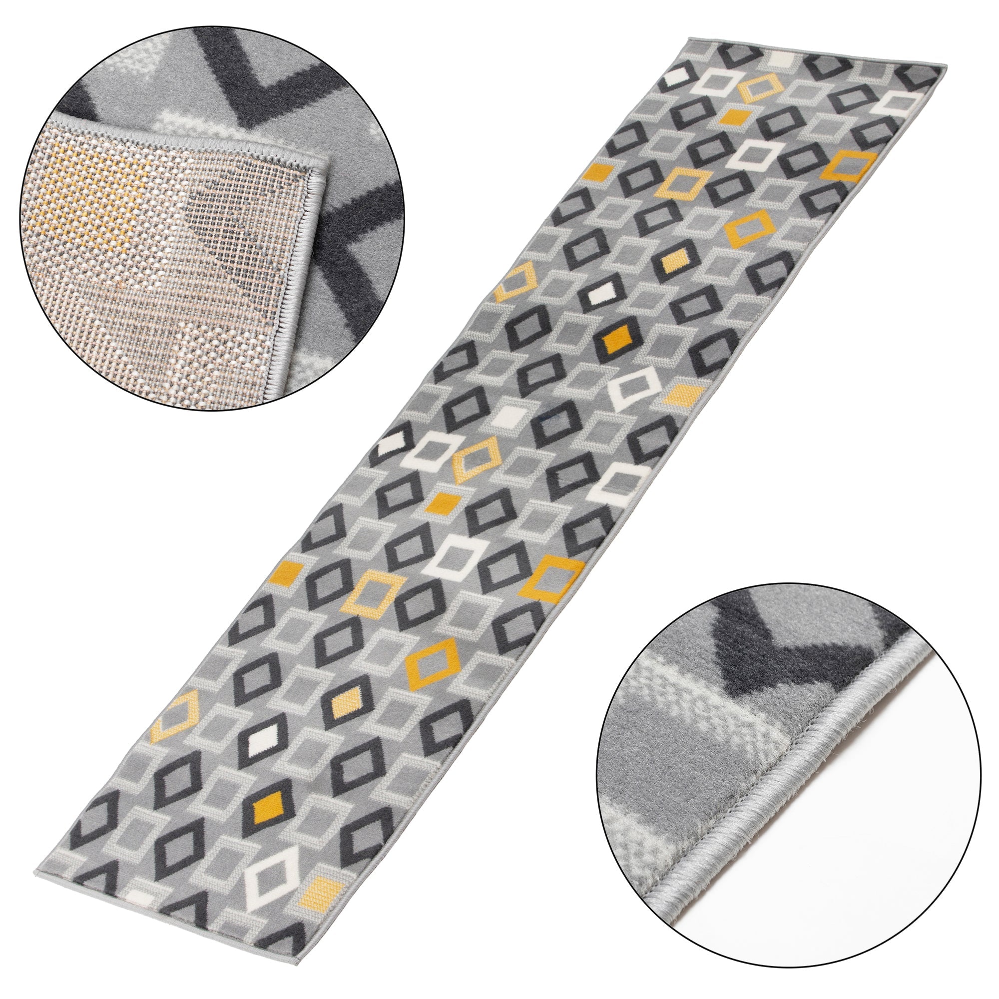 Stair Runner Hard Wearing Kitchen Mat - Texas Geometric Gold, Grey & White Stair Runner Rug Masters