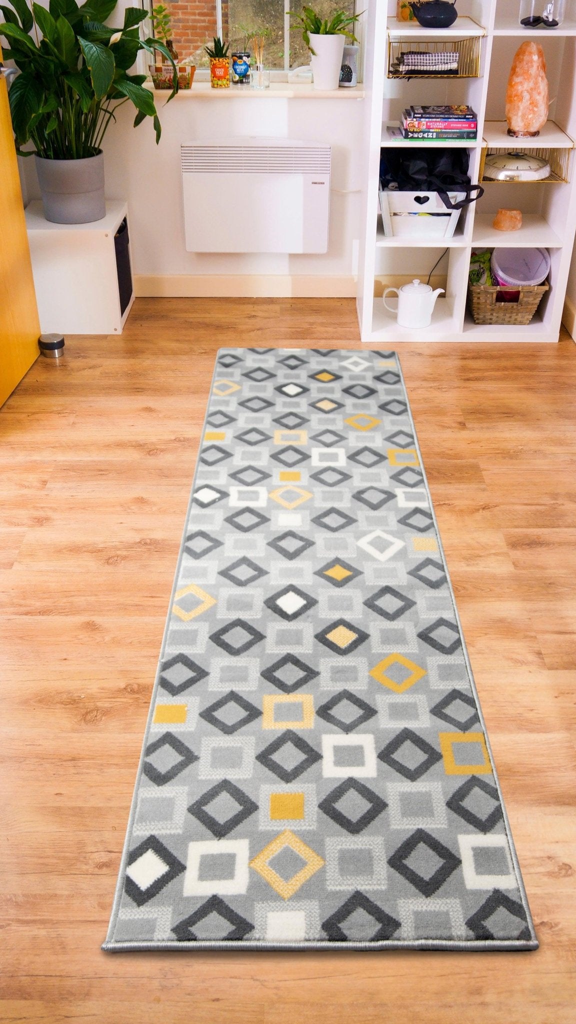 Stair Runner Hard Wearing Kitchen Mat - Texas Geometric Gold, Grey & White Stair Runner Rug Masters