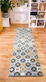 Stair Runner Hard Wearing Kitchen Mat - Texas Geometric Gold, Grey & White - Bargainia.com - 