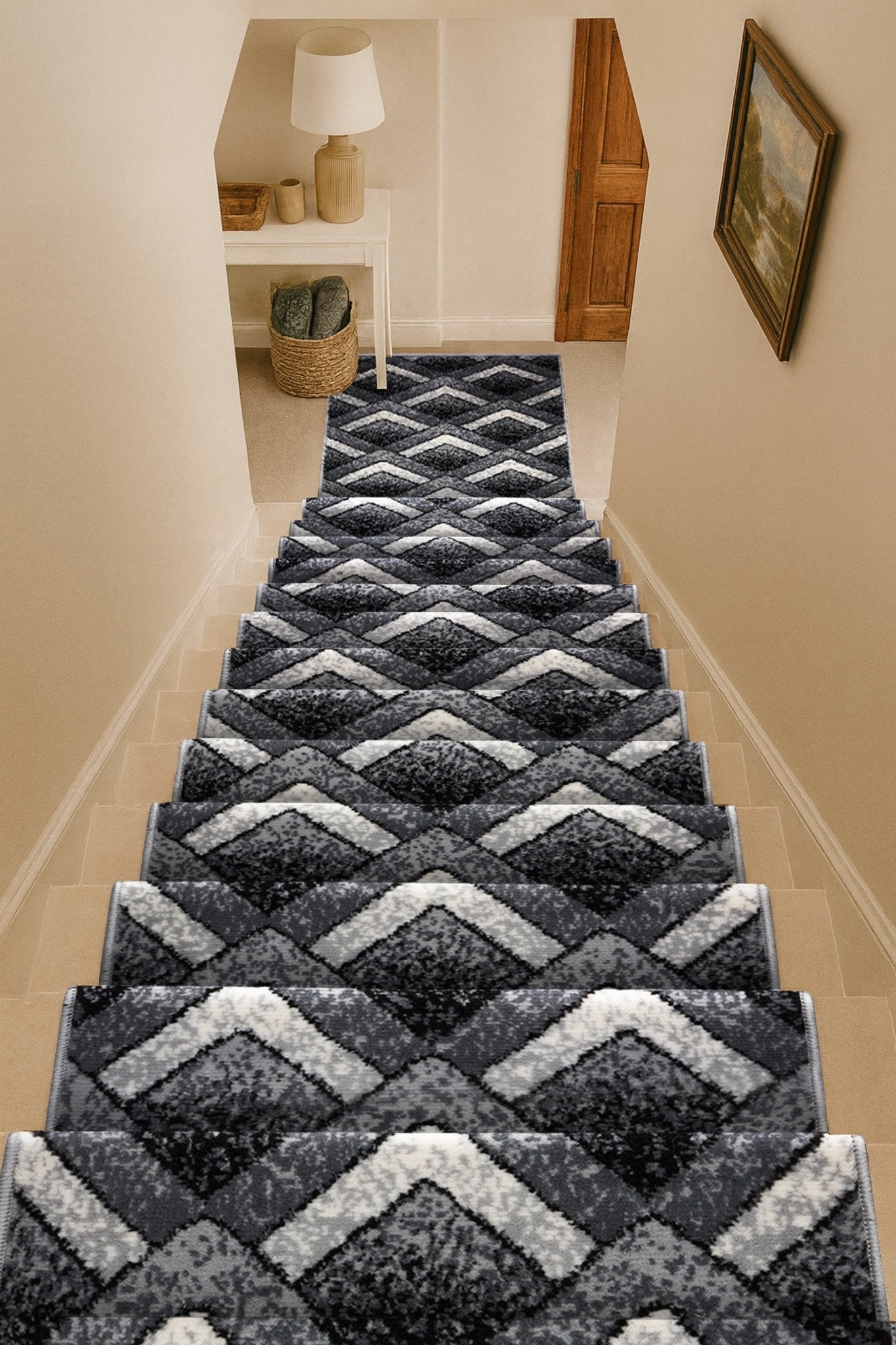 Stair Runner Hard Wearing Kitchen Mat - Texas Grey Chevron Stair Runner - Bargainia.com - 