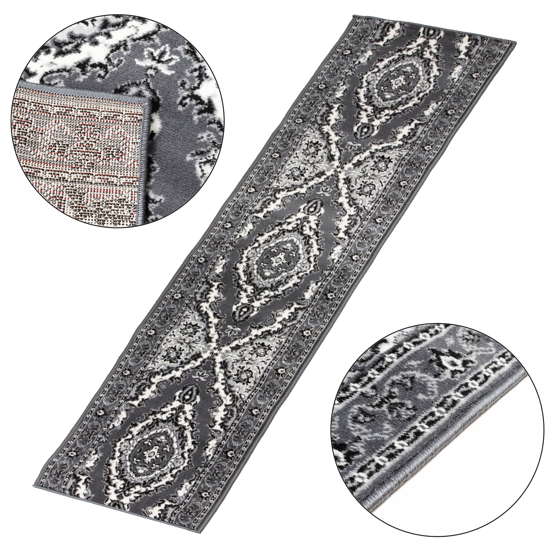 Stair Runner Hard Wearing Kitchen Mat - Texas Grey Traditional Medallion - Bargainia.com - 
