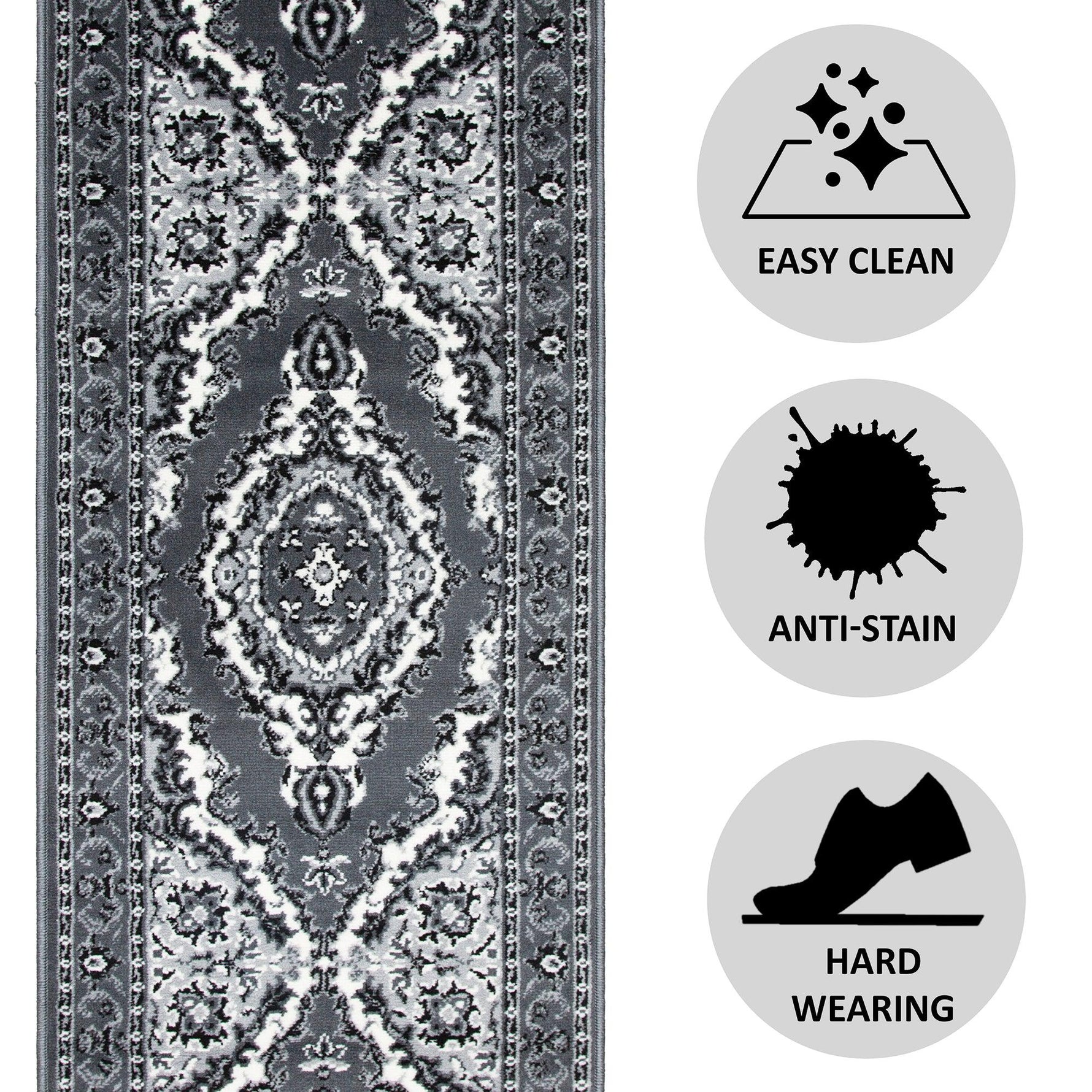 Stair Runner Hard Wearing Kitchen Mat - Texas Grey Traditional Medallion - Bargainia.com - 