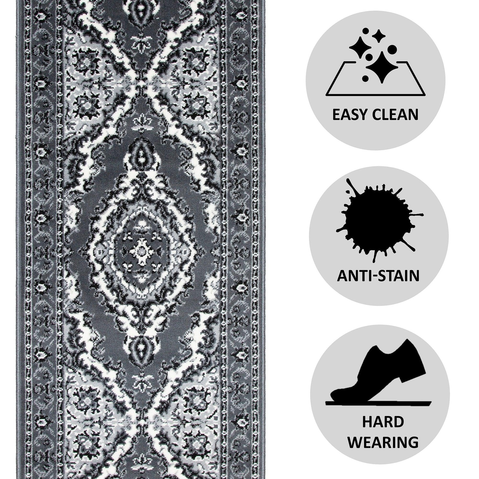 Stair Runner Hard Wearing Kitchen Mat - Texas Grey Traditional Medallion - Bargainia.com -  - RNR-TXS-1020-WS55-01FT-CST