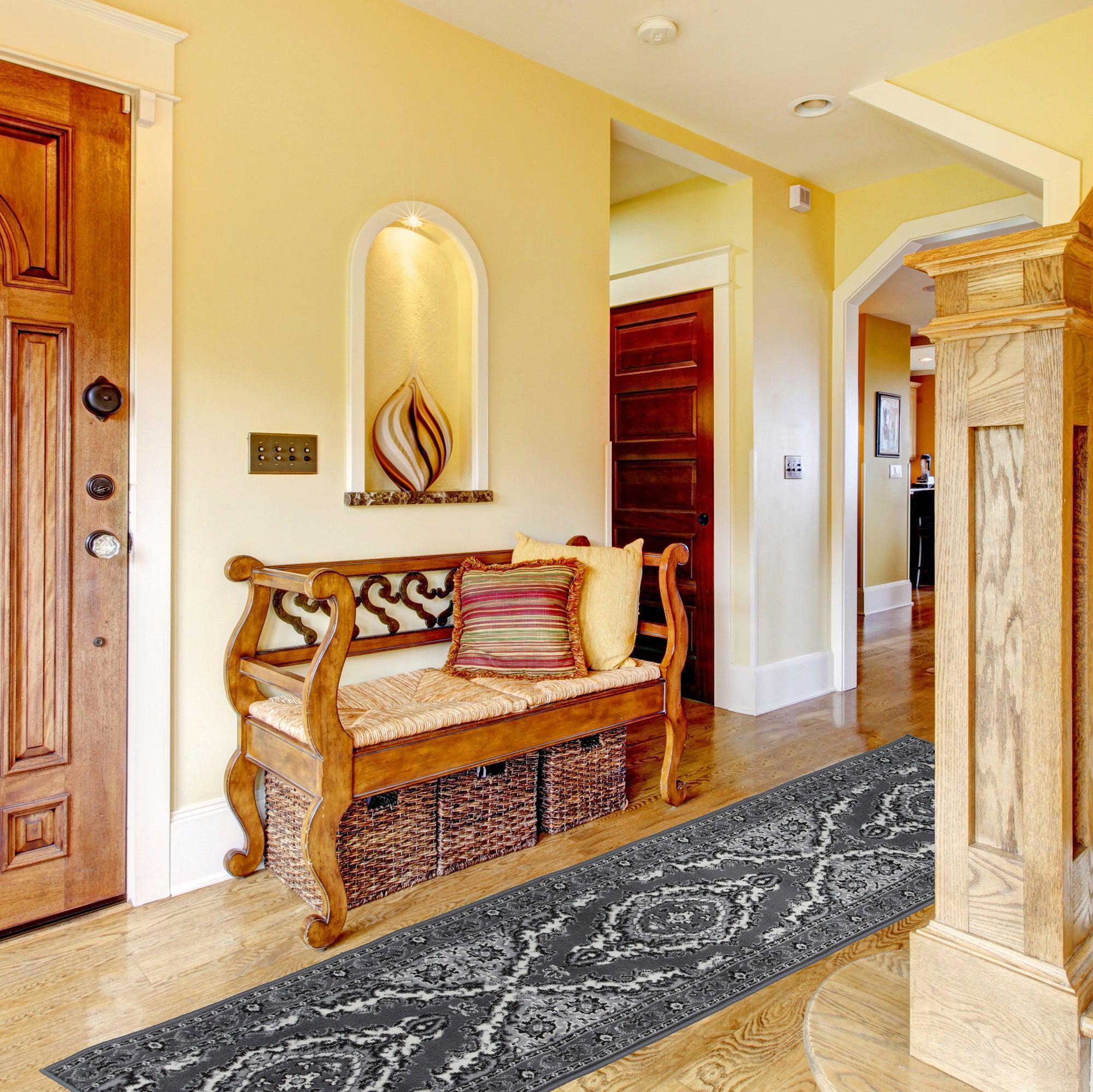 Stair Runner Hard Wearing Kitchen Mat - Texas Grey Traditional Medallion - Bargainia.com -  - RNR-TXS-1020-WS55-01FT-CST