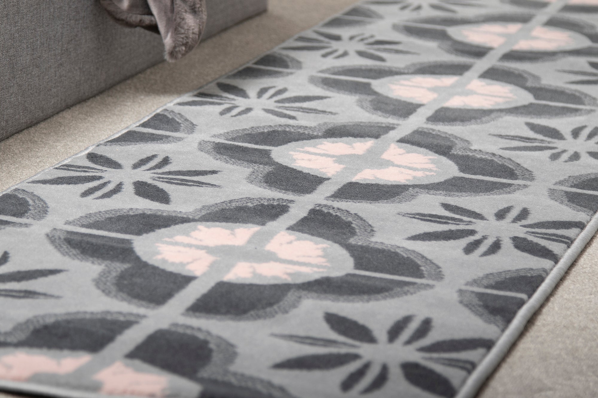 Stair Runner Hard Wearing Kitchen Mat - Texas Pink & Grey Floral Tiles Stair Runner Rug Masters