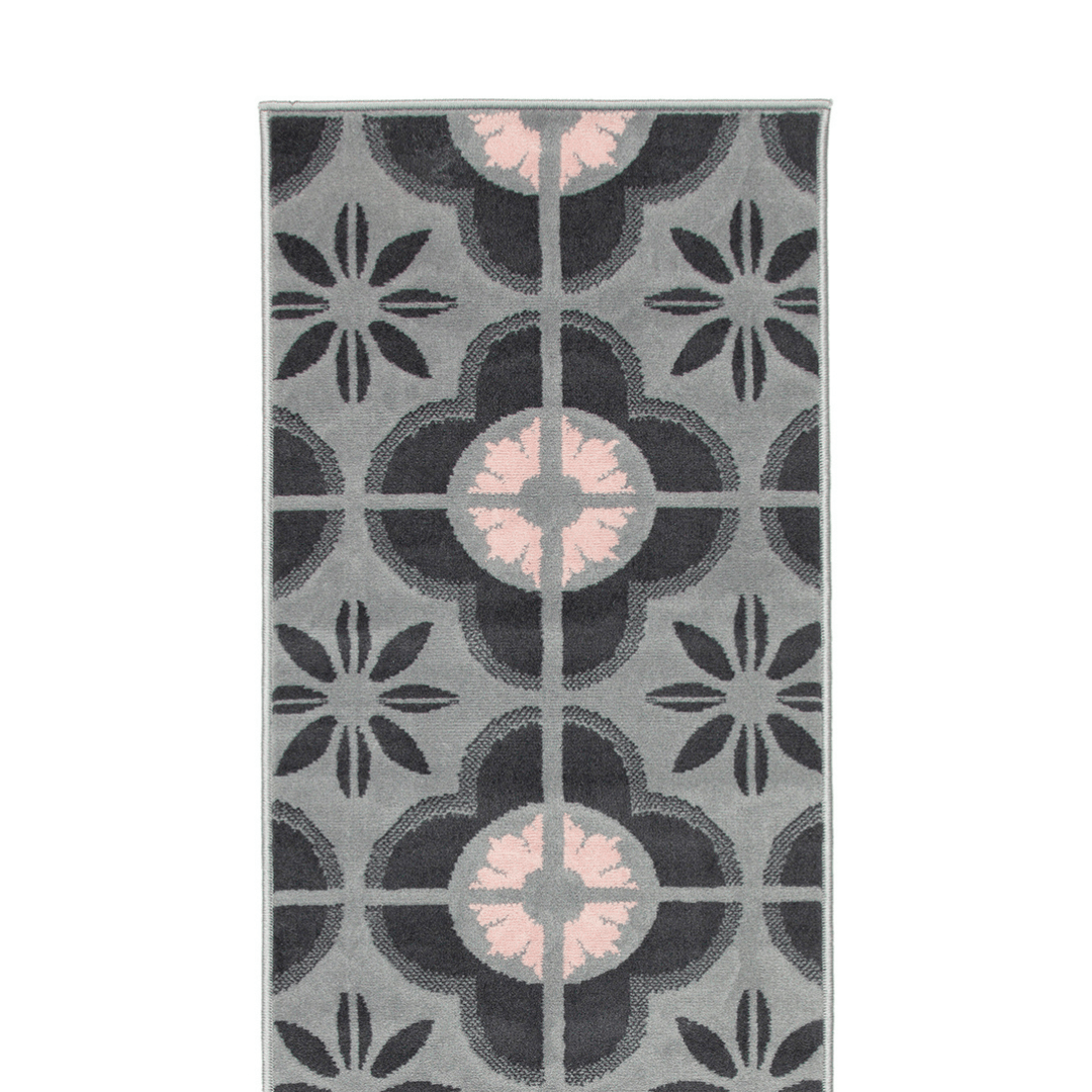 Stair Runner Hard Wearing Kitchen Mat - Texas Pink & Grey Floral Tiles - Bargainia.com - 