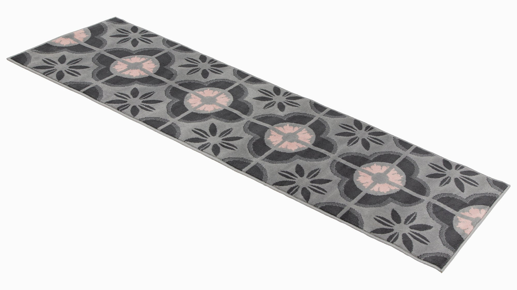 Stair Runner Hard Wearing Kitchen Mat - Texas Pink & Grey Floral Tiles - Bargainia.com - 