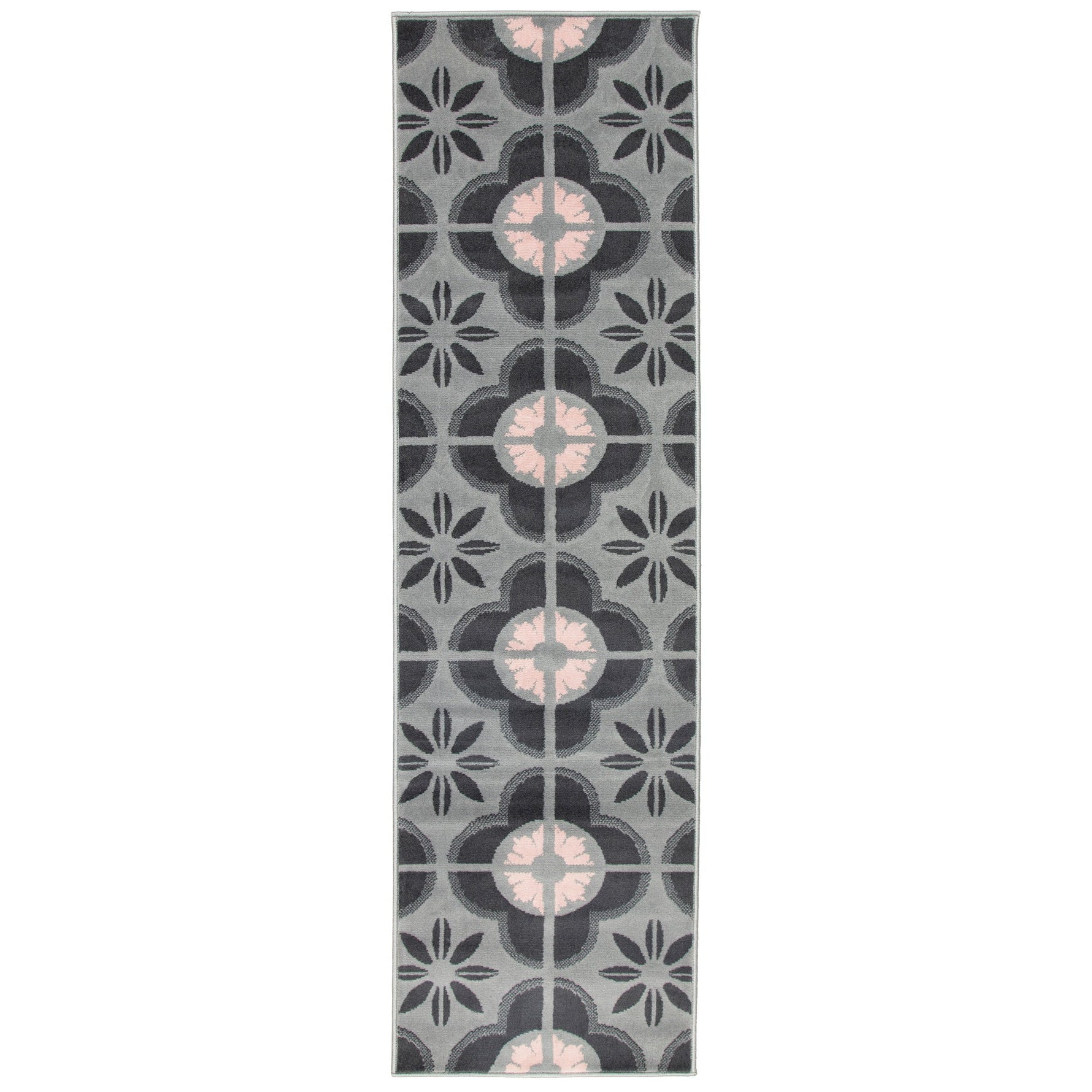 Stair Runner Hard Wearing Kitchen Mat - Texas Pink & Grey Floral Tiles - Bargainia.com - 