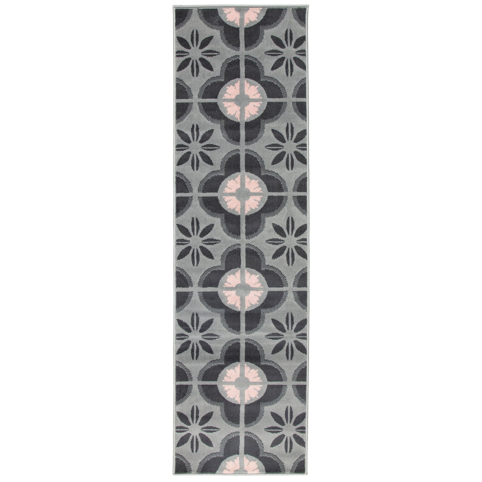 Stair Runner Hard Wearing Kitchen Mat - Texas Pink & Grey Floral Tiles Stair Runner Rug Masters