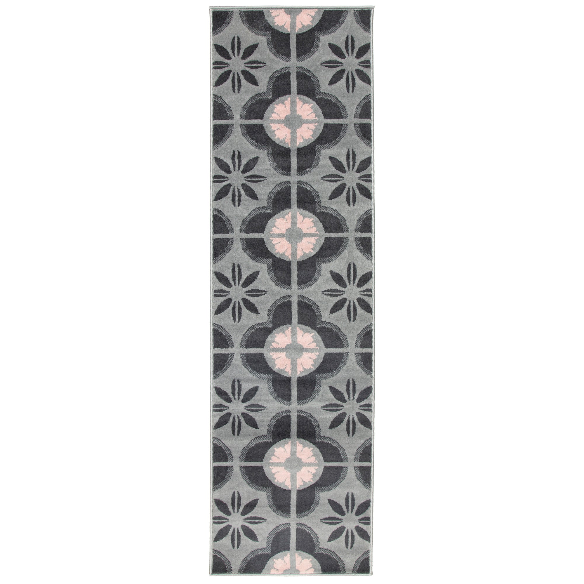 Stair Runner Hard Wearing Kitchen Mat - Texas Pink & Grey Floral Tiles Stair Runner Rug Masters