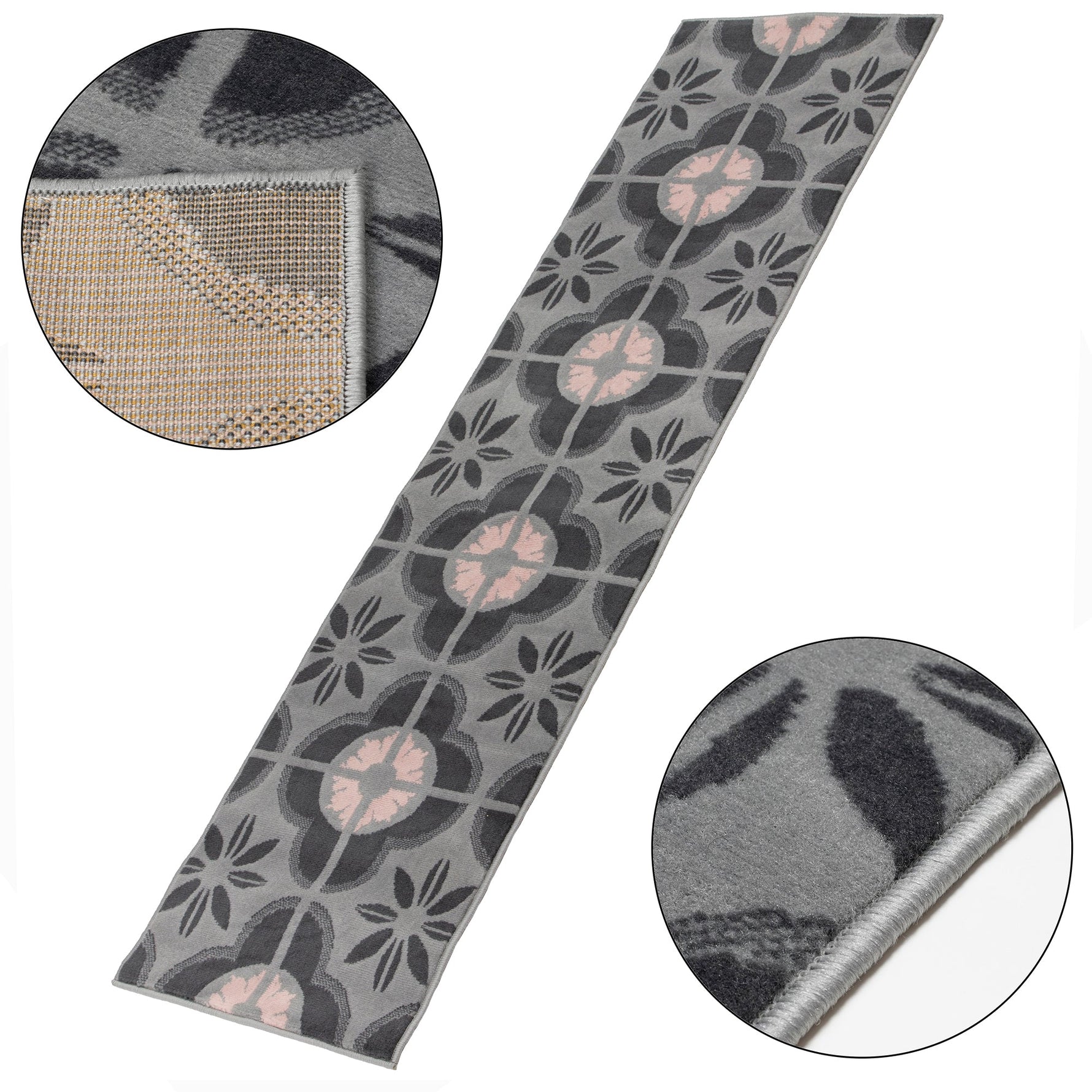 Stair Runner Hard Wearing Kitchen Mat - Texas Pink & Grey Floral Tiles - Bargainia.com - 