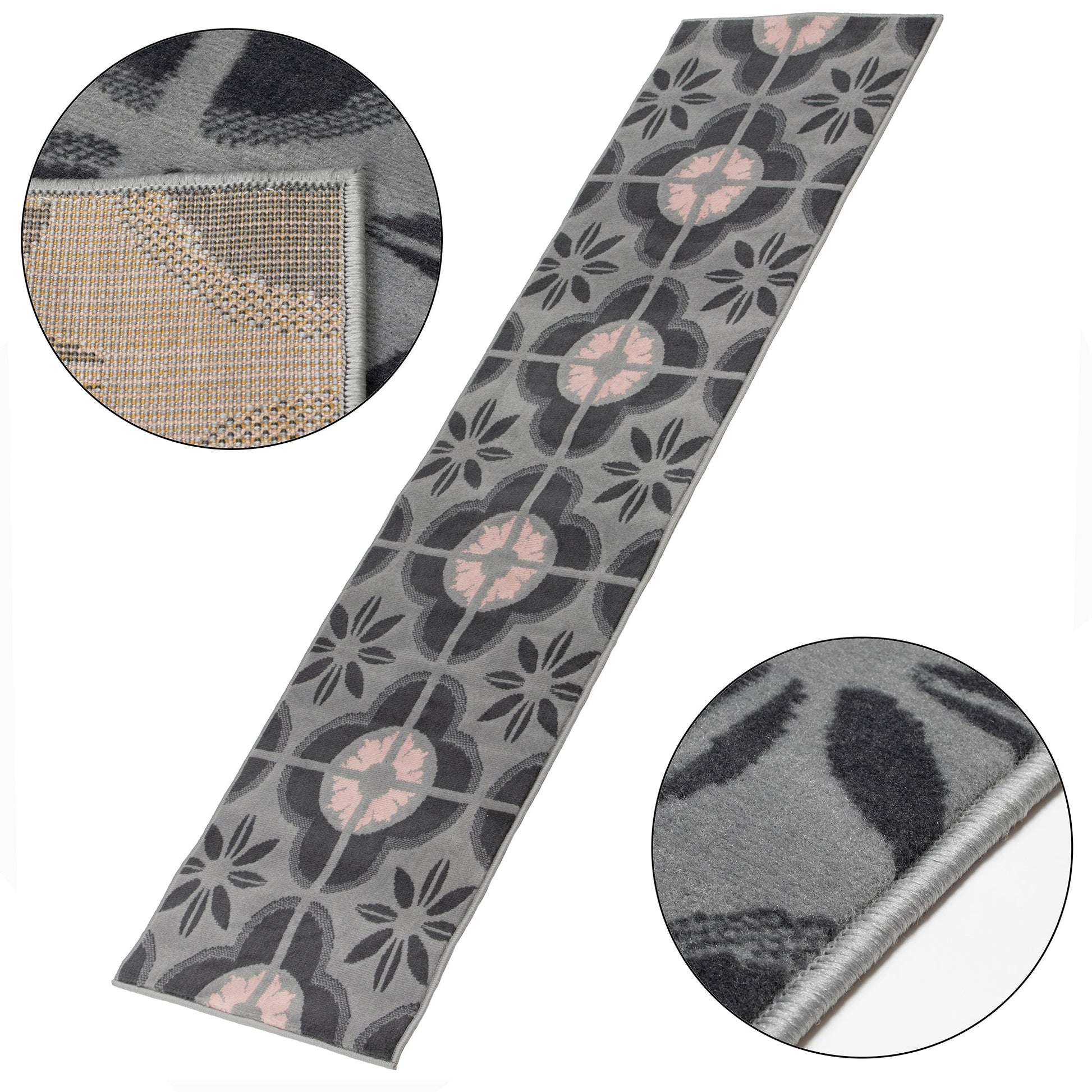 Stair Runner Hard Wearing Kitchen Mat - Texas Pink & Grey Floral Tiles Stair Runner Rug Masters
