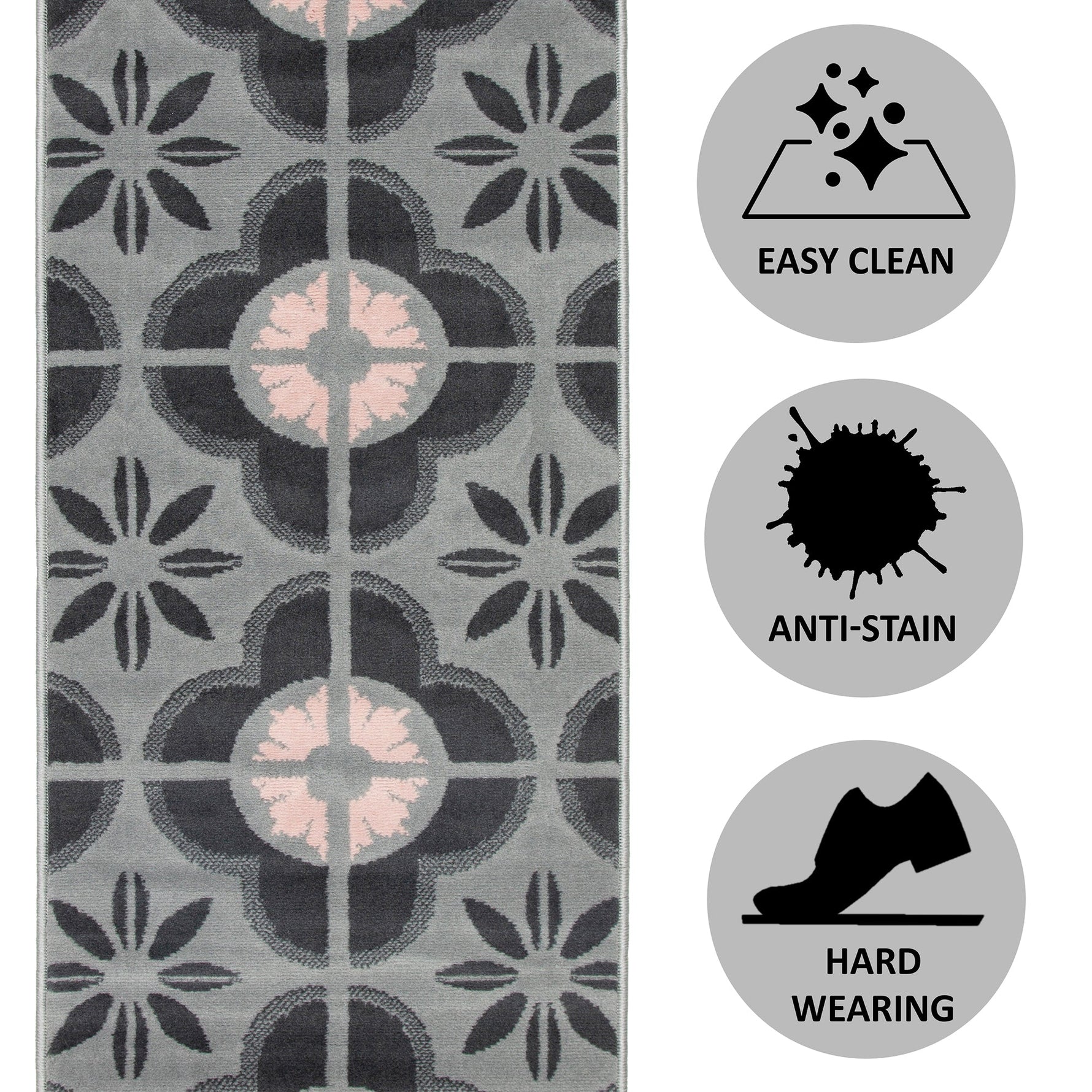 Stair Runner Hard Wearing Kitchen Mat - Texas Pink & Grey Floral Tiles - Bargainia.com - 