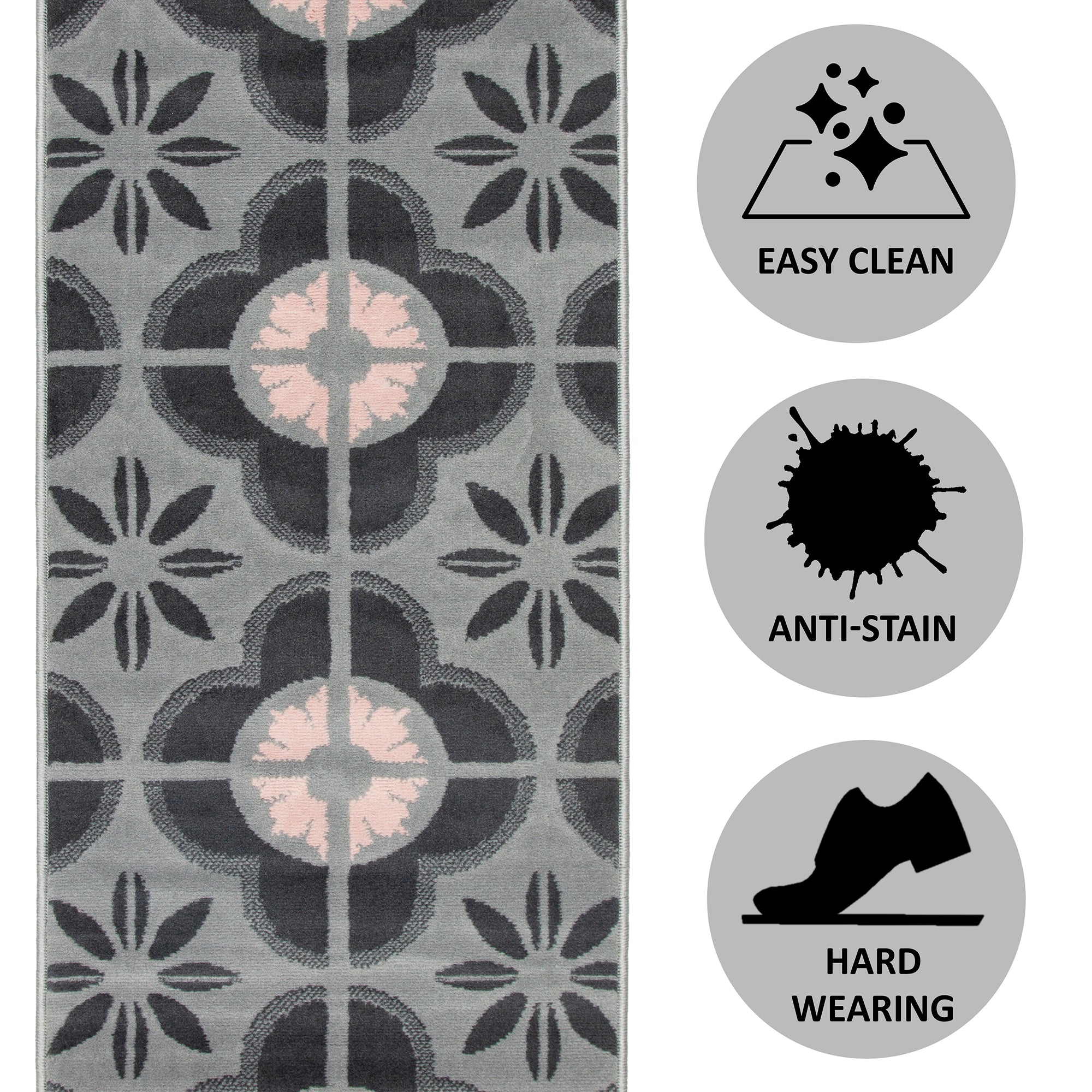 Stair Runner Hard Wearing Kitchen Mat - Texas Pink & Grey Floral Tiles Stair Runner Rug Masters