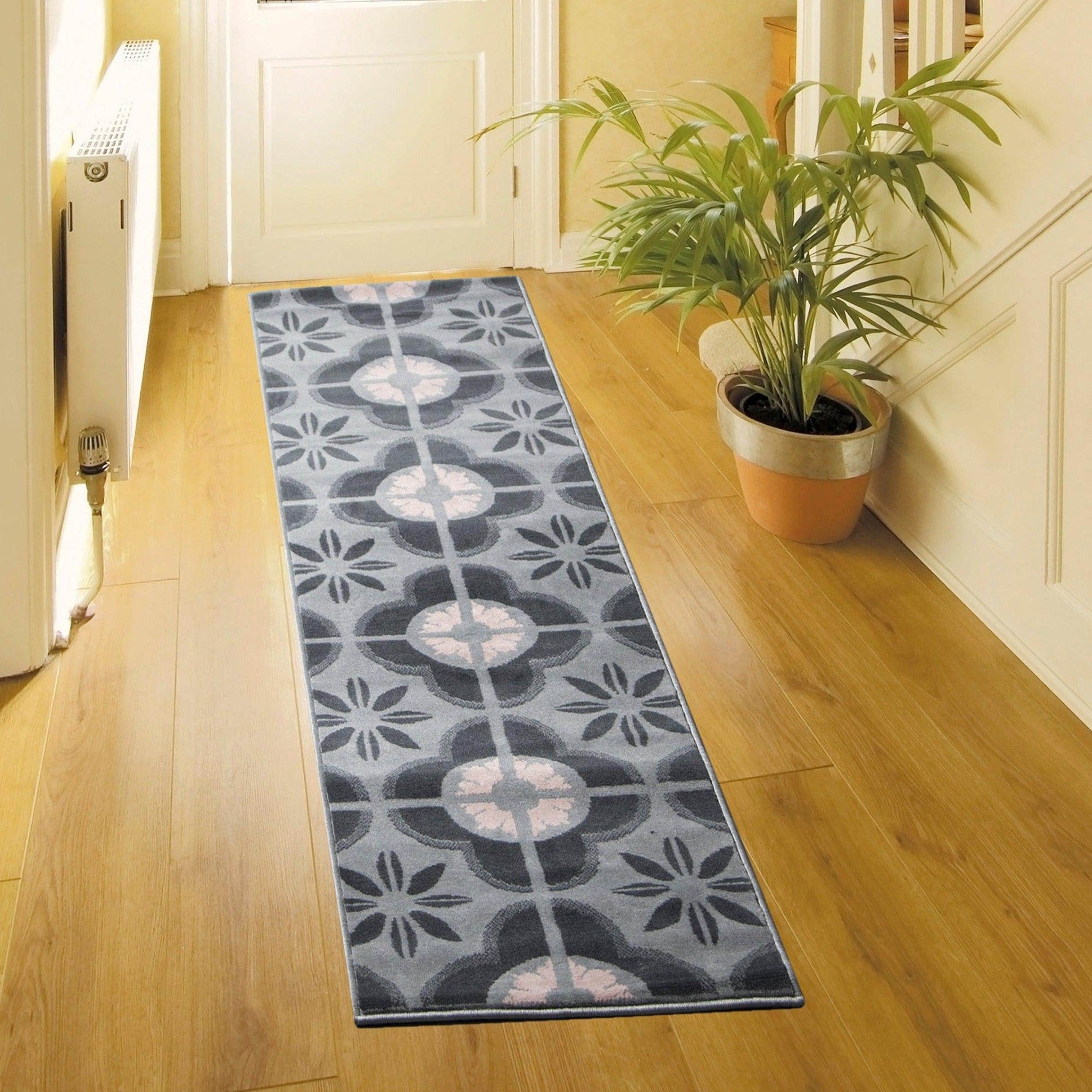 Stair Runner Hard Wearing Kitchen Mat - Texas Pink & Grey Floral Tiles - Bargainia.com - 