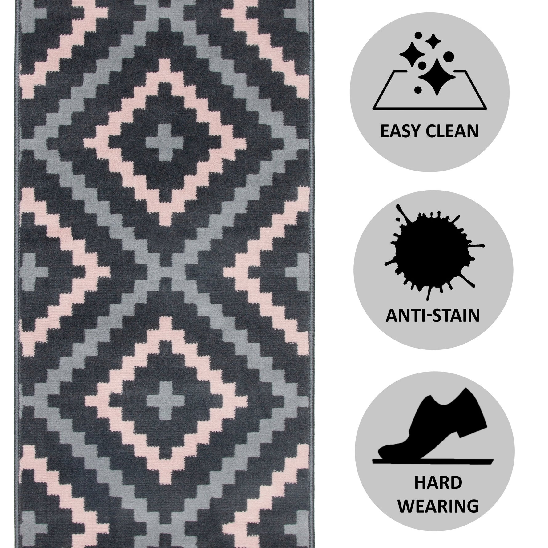 Stair Runner Hard Wearing Kitchen Mat - Texas Pink & Grey Geometric Tiles - Bargainia.com - 