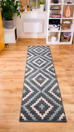 Stair Runner Hard Wearing Kitchen Mat - Texas Pink & Grey Geometric Tiles - Bargainia.com - 
