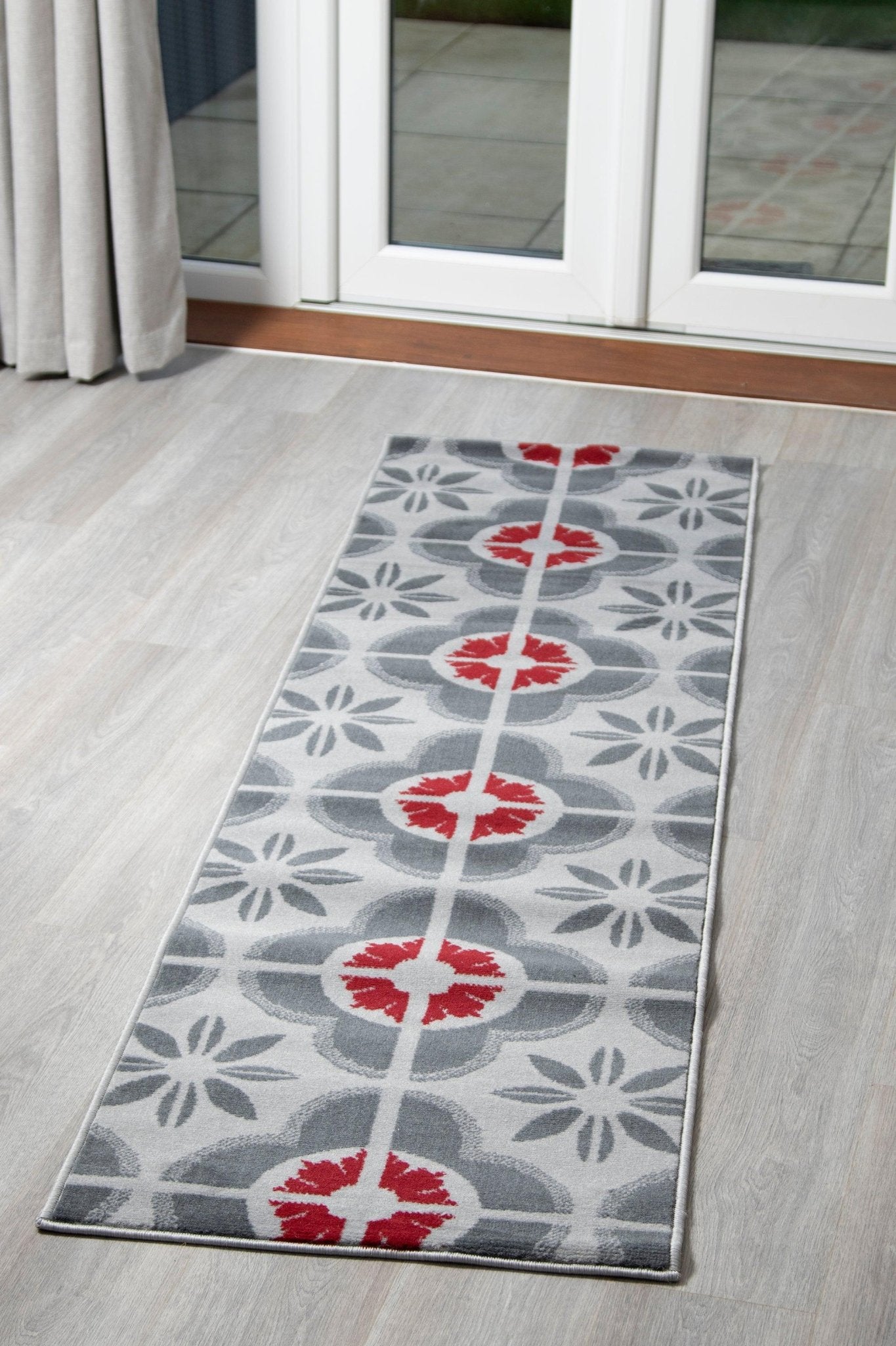 Stair Runner Hard Wearing Kitchen Mat - Texas Red & Grey Floral - Bargainia.com - 