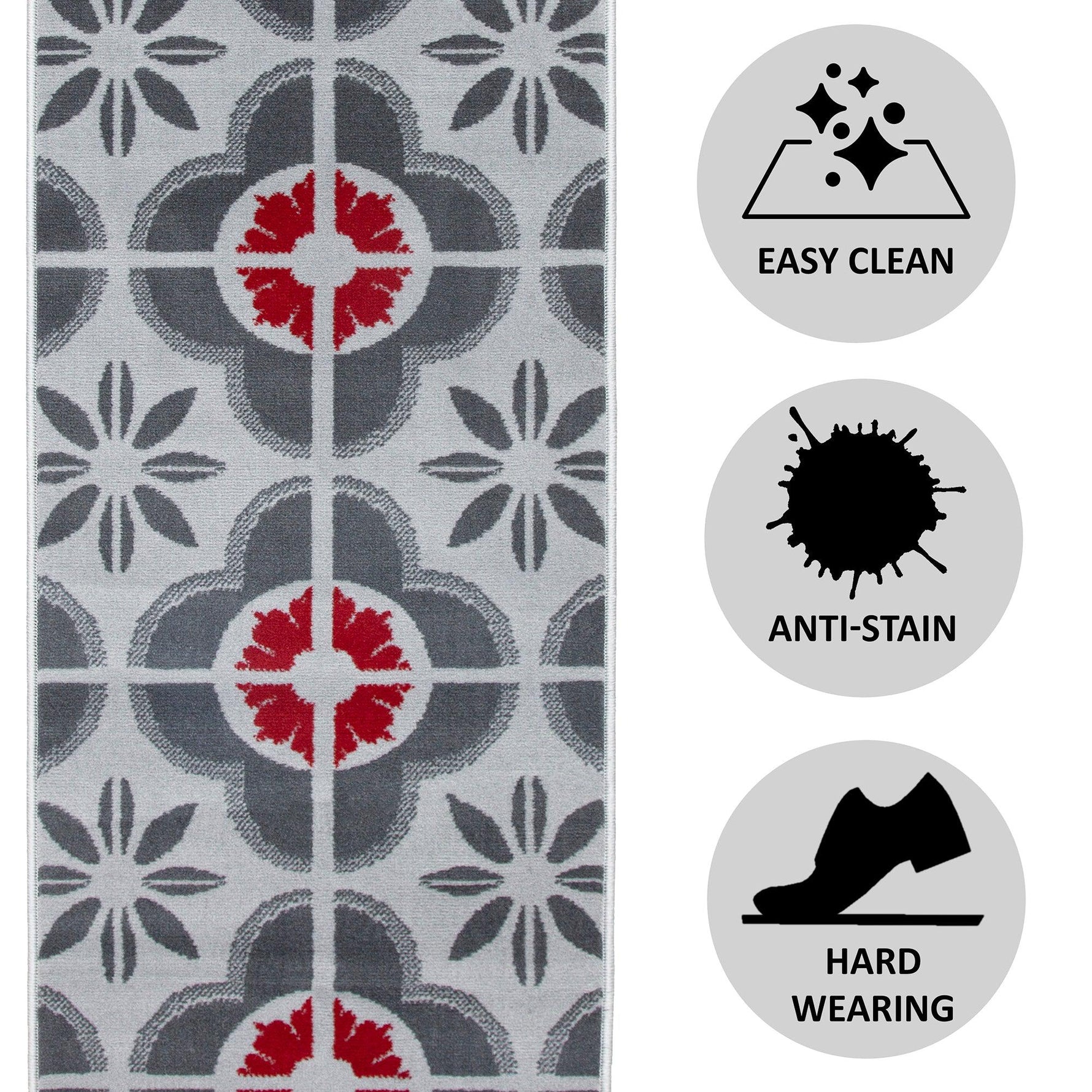 Stair Runner Hard Wearing Kitchen Mat - Texas Red & Grey Floral - Bargainia.com - 