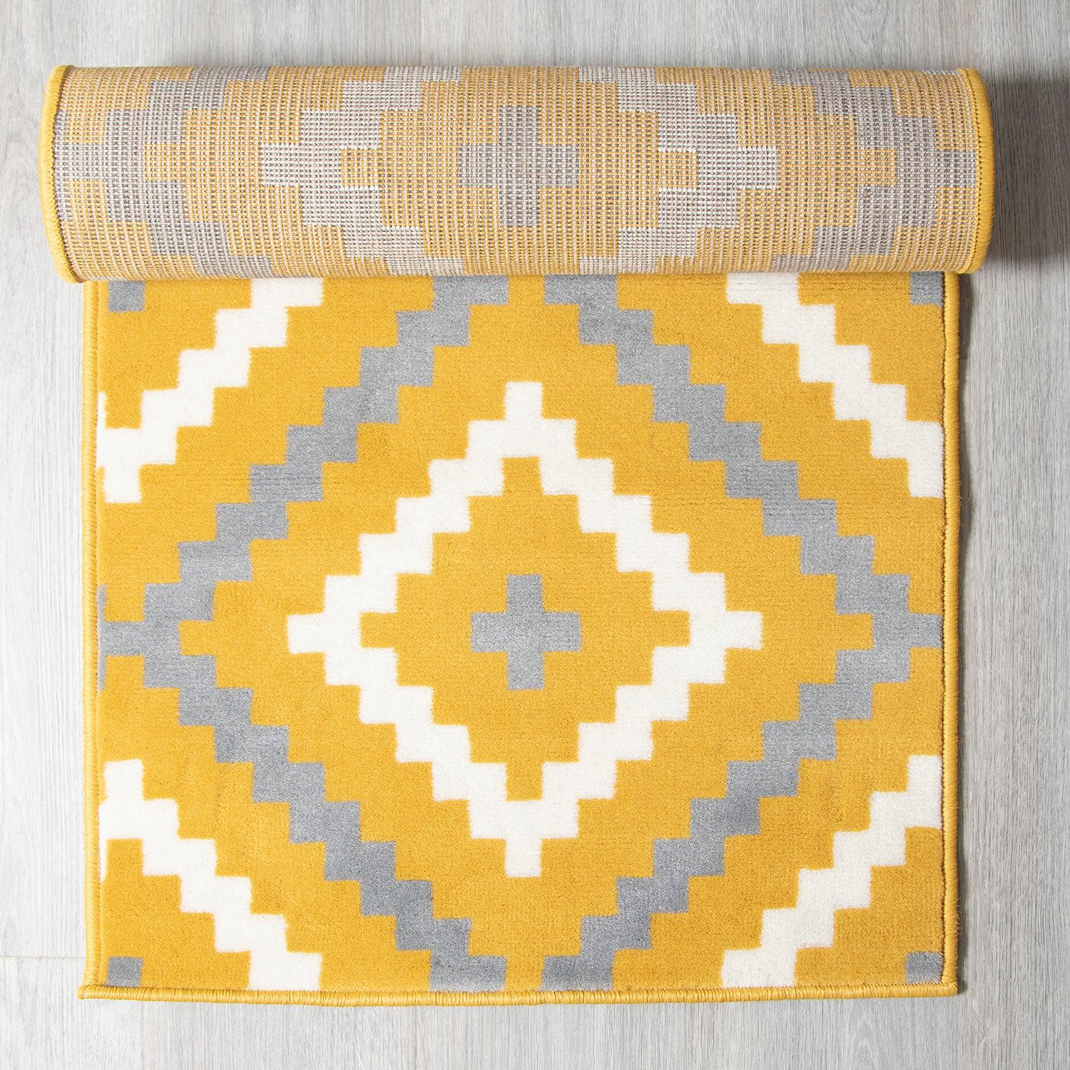 Stair Runner Hard Wearing Kitchen Mat - Texas Yellow & Grey Geometric Tiles - Bargainia.com - 