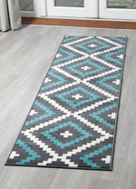 Stair Runner Hessian Backed Kitchen Mat - Texas Blue & Grey Geometric Tiles - Bargainia.com - 
