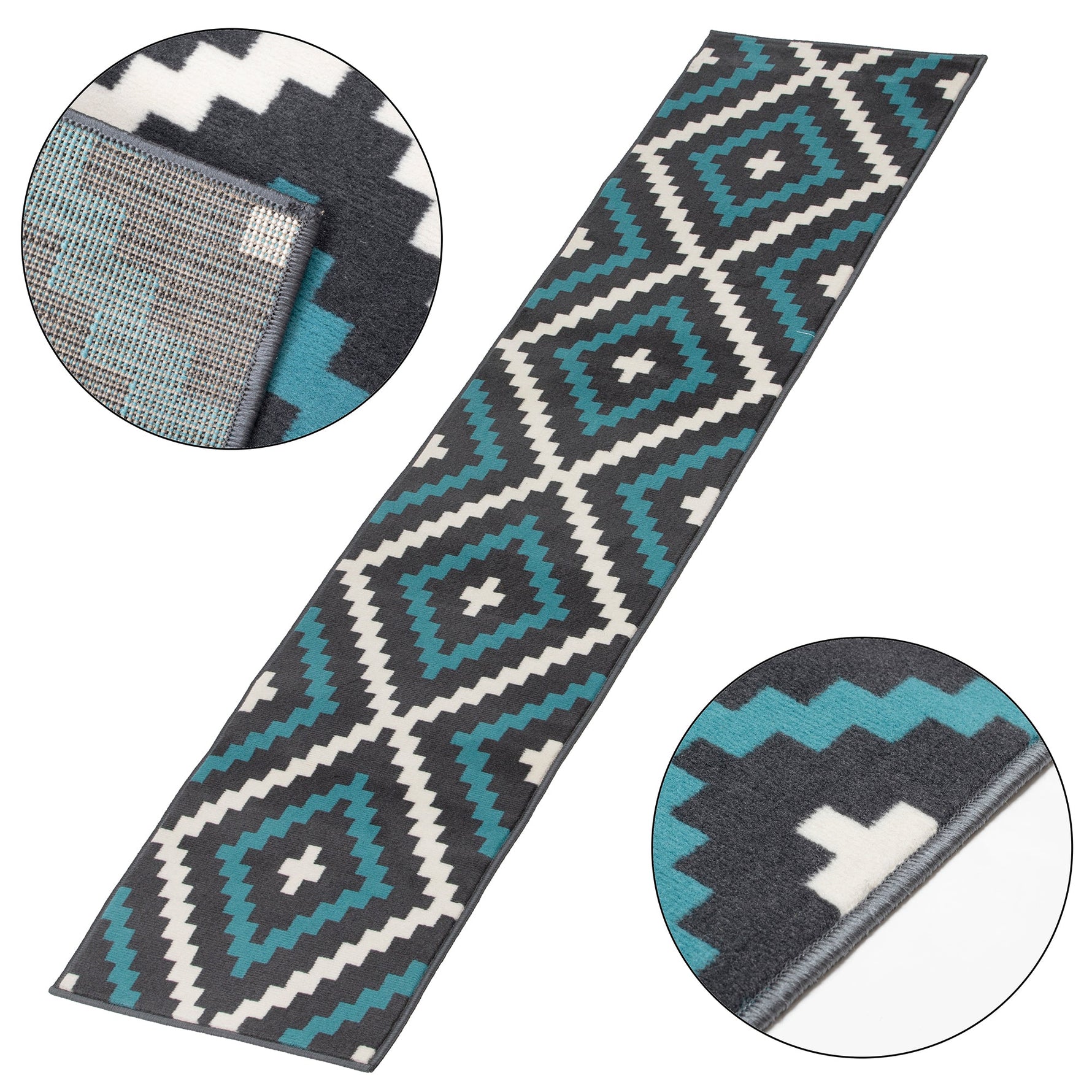 Stair Runner Hessian Backed Kitchen Mat - Texas Blue & Grey Geometric Tiles - Bargainia.com - 