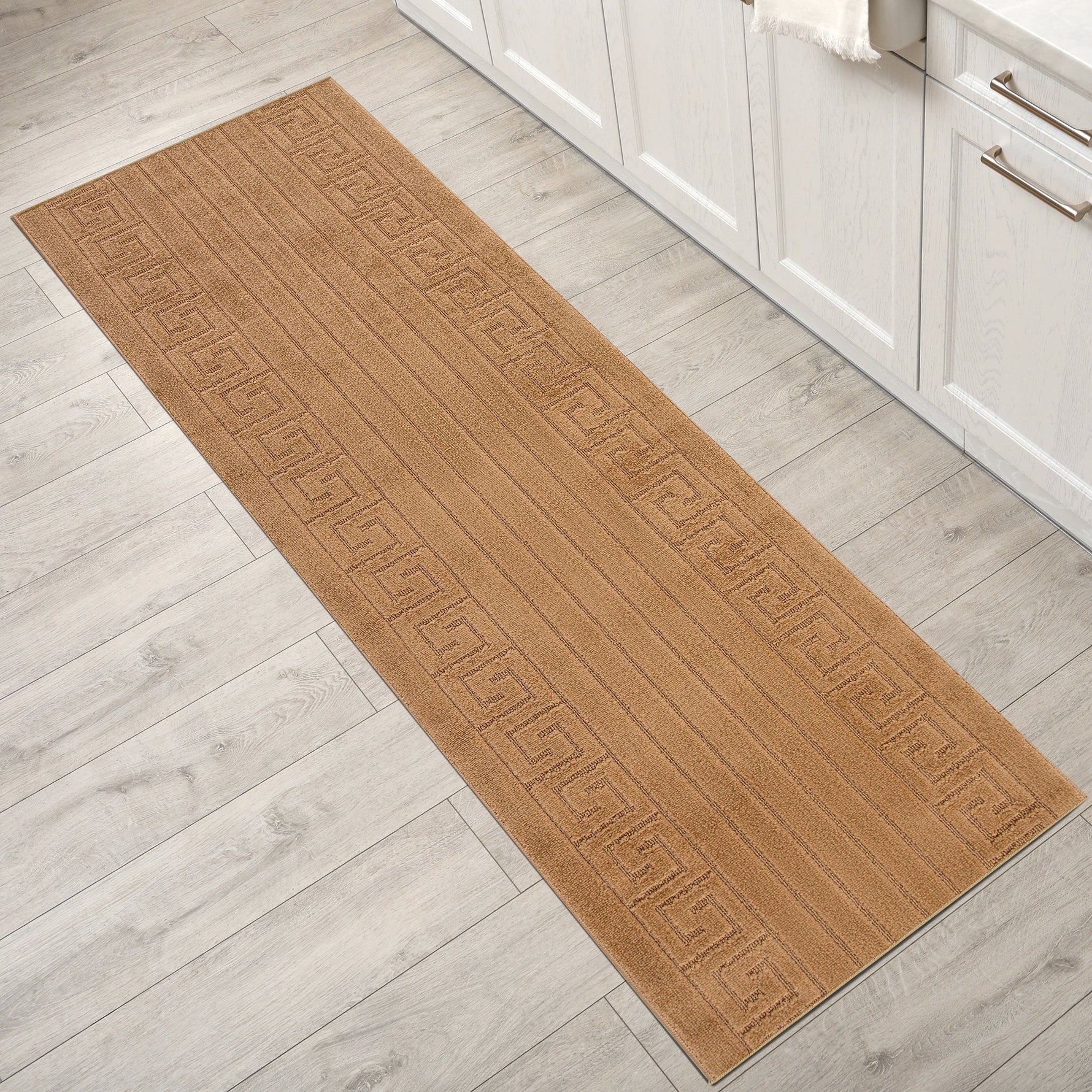 Stair Runner Non - Slip Kitchen Mat - London Beige Greek Border - Bargainia.com - 