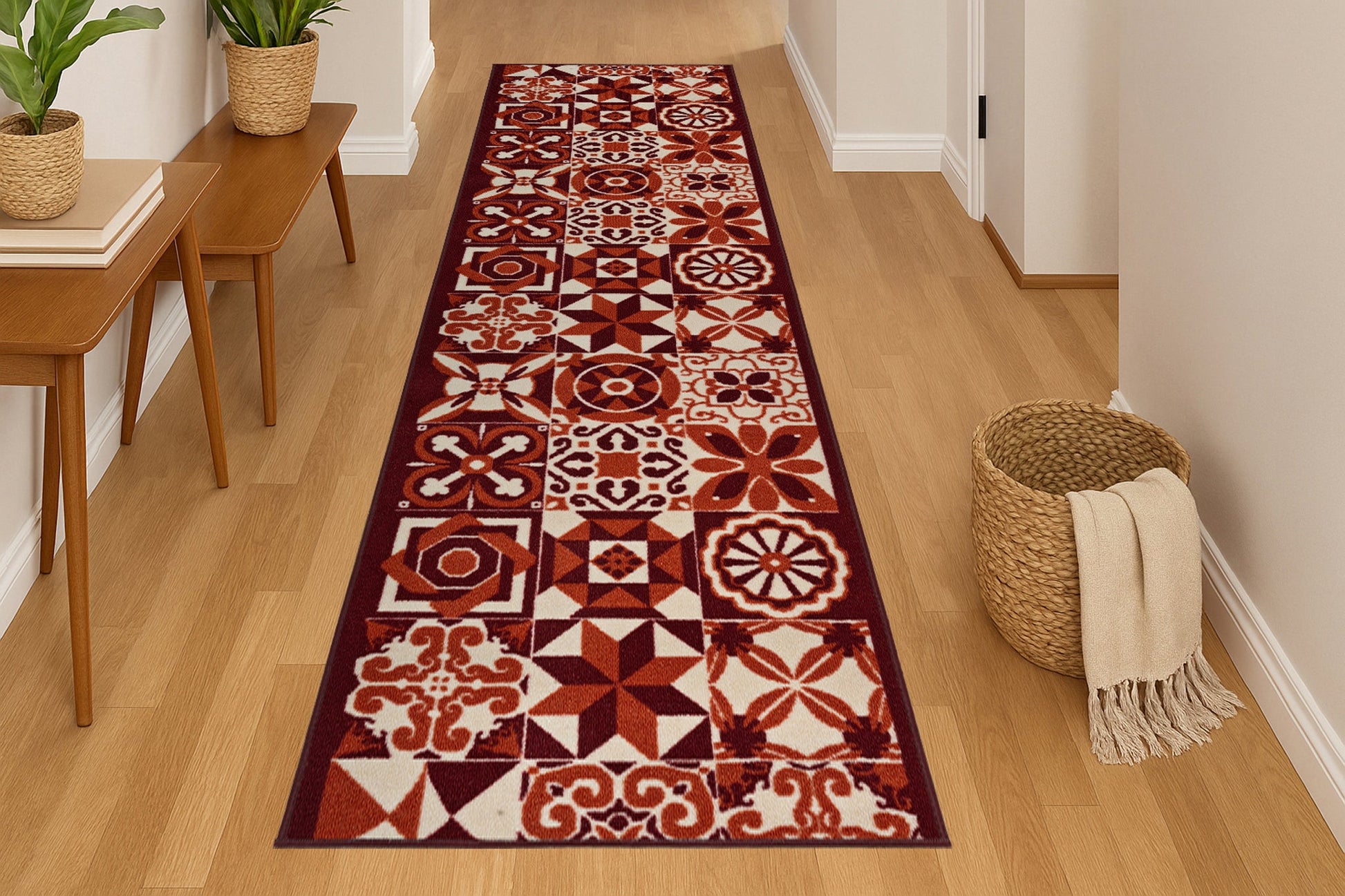 Stair Runner Non-Slip Kitchen Mat - Luna Red Tiles Stair Runner Rug Masters
