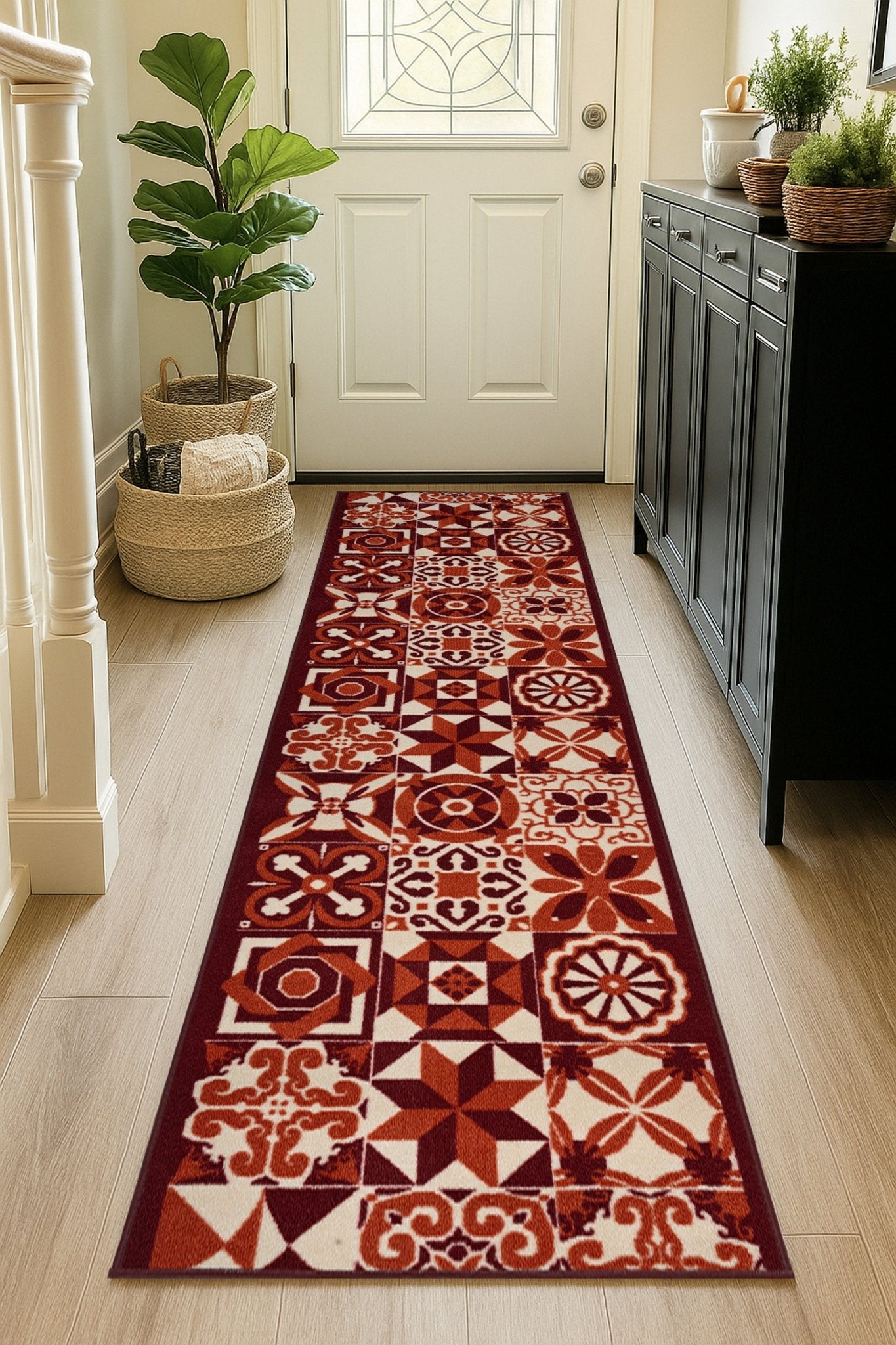 Stair Runner Non-Slip Kitchen Mat - Luna Red Tiles Stair Runner Rug Masters