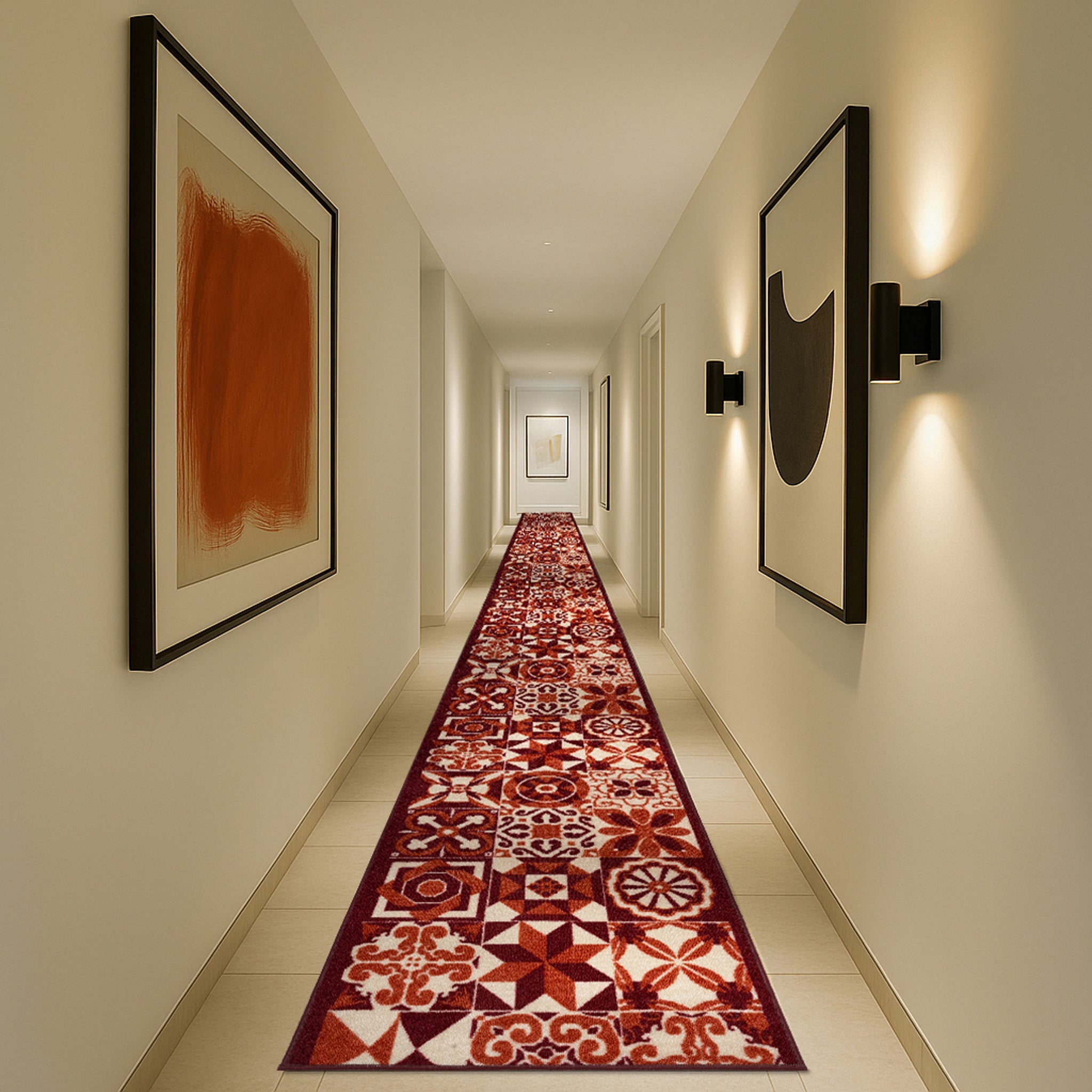 Stair Runner Non-Slip Kitchen Mat - Luna Red Tiles Stair Runner Rug Masters