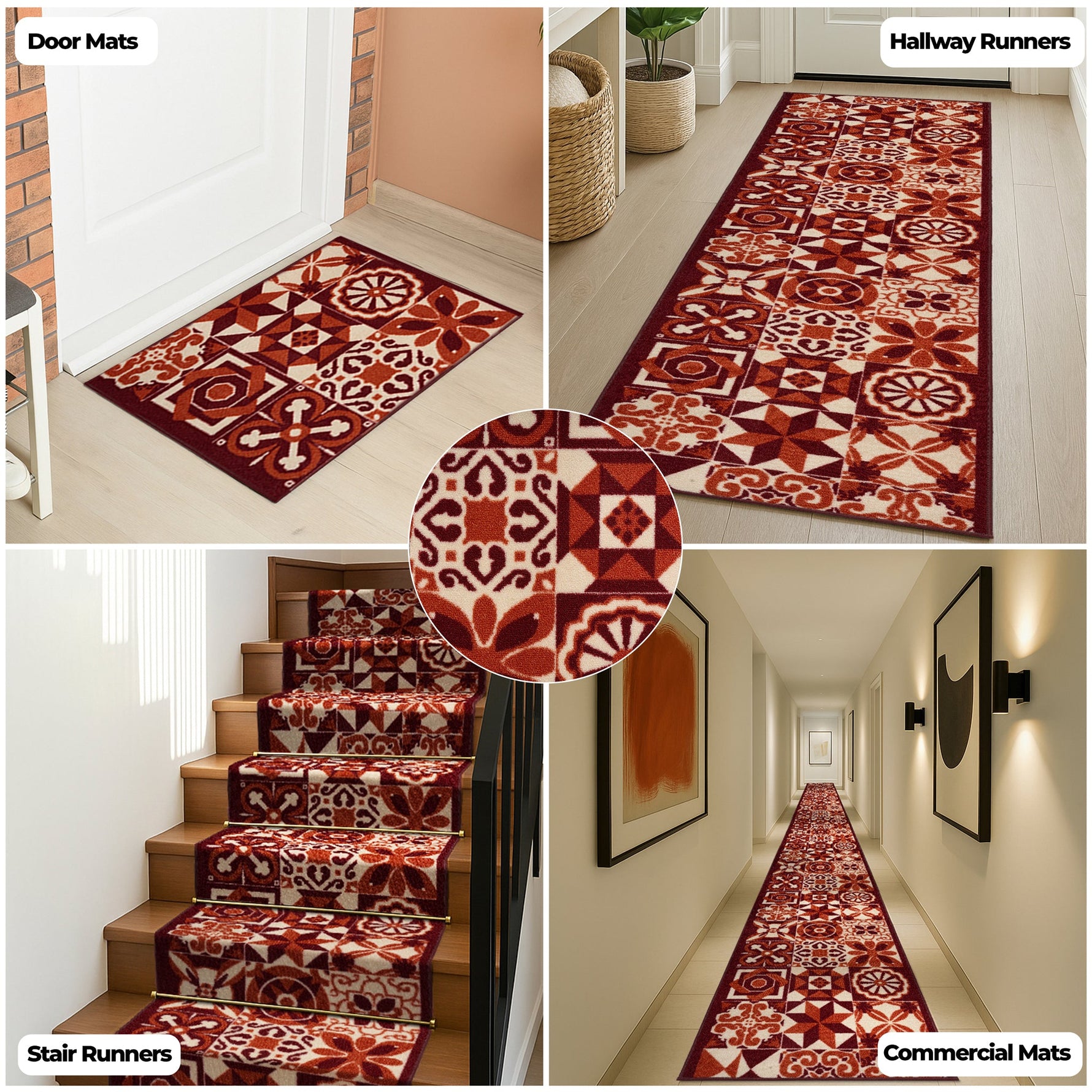 Stair Runner Non - Slip Kitchen Mat - Luna Red Tiles - Bargainia.com - 