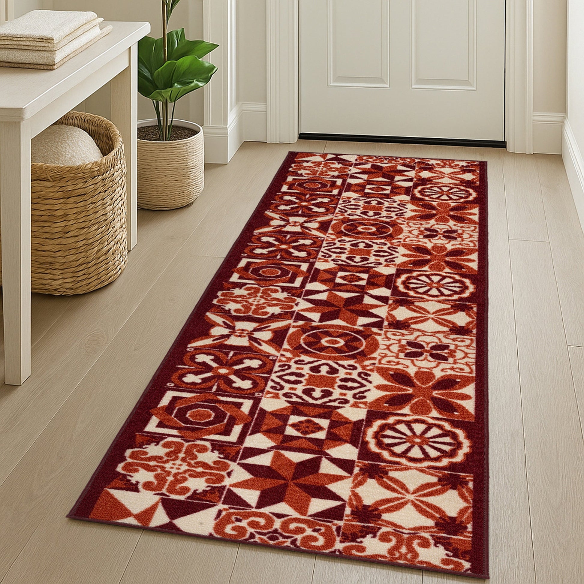 Stair Runner Non-Slip Kitchen Mat - Luna Red Tiles Stair Runner Rug Masters