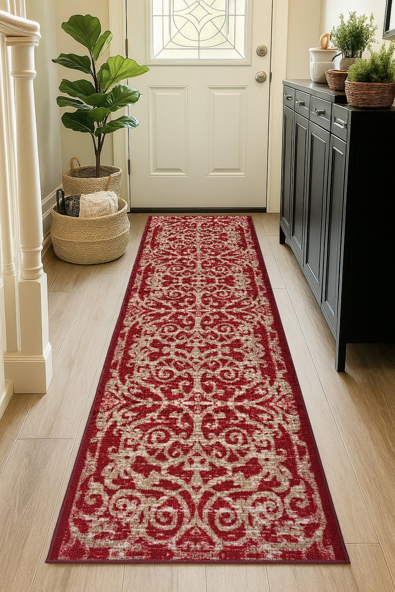 Stair Runner Non - Slip Kitchen Mat - Red Filigree - Bargainia.com - 